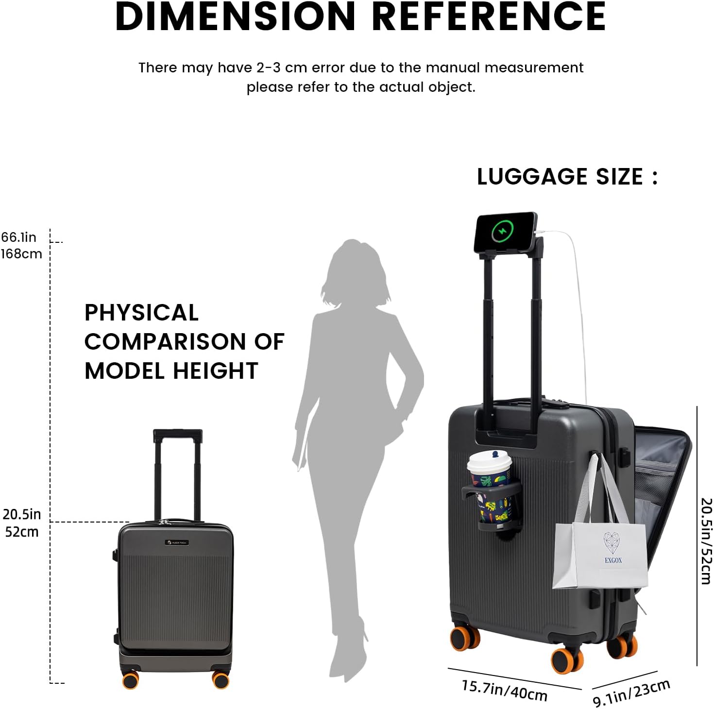 Detalle de HUIDA TECH Valise de cabine légère 20 pouces avec compartiment pour ordinateur, serrure TSA et chargement USB