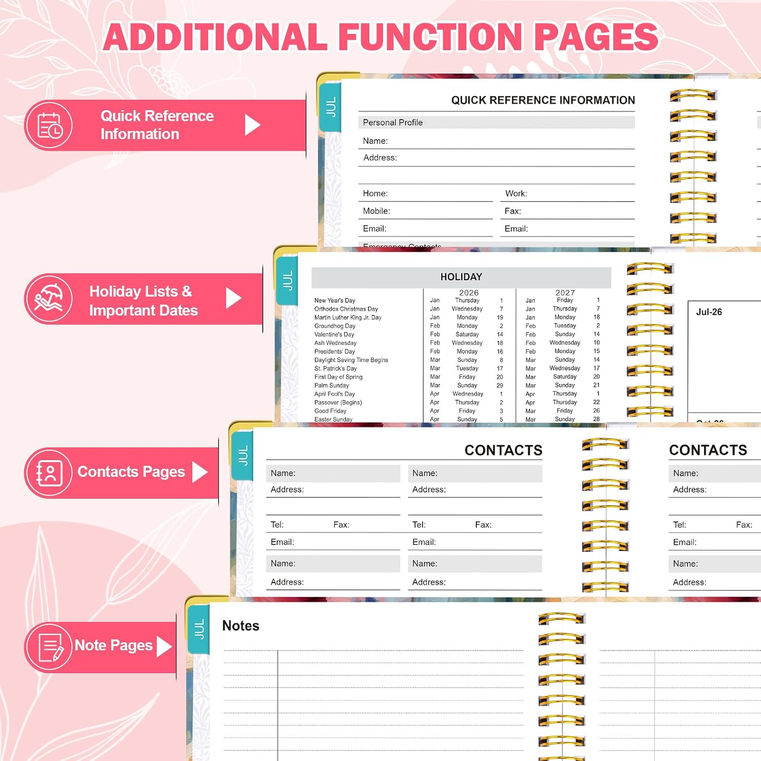 Detalle 2 de OMEYA 2026–2027 Weekly and Monthly Planner, Floral PVC Cover, Monthly Tabs