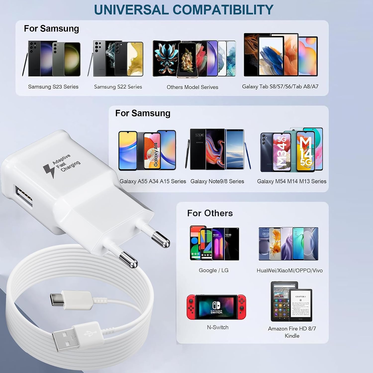 Detalle de 2er-Pack USB-C Schnellladegerät mit 2 m Kabel für Samsung Galaxy & mehr – 15 W
