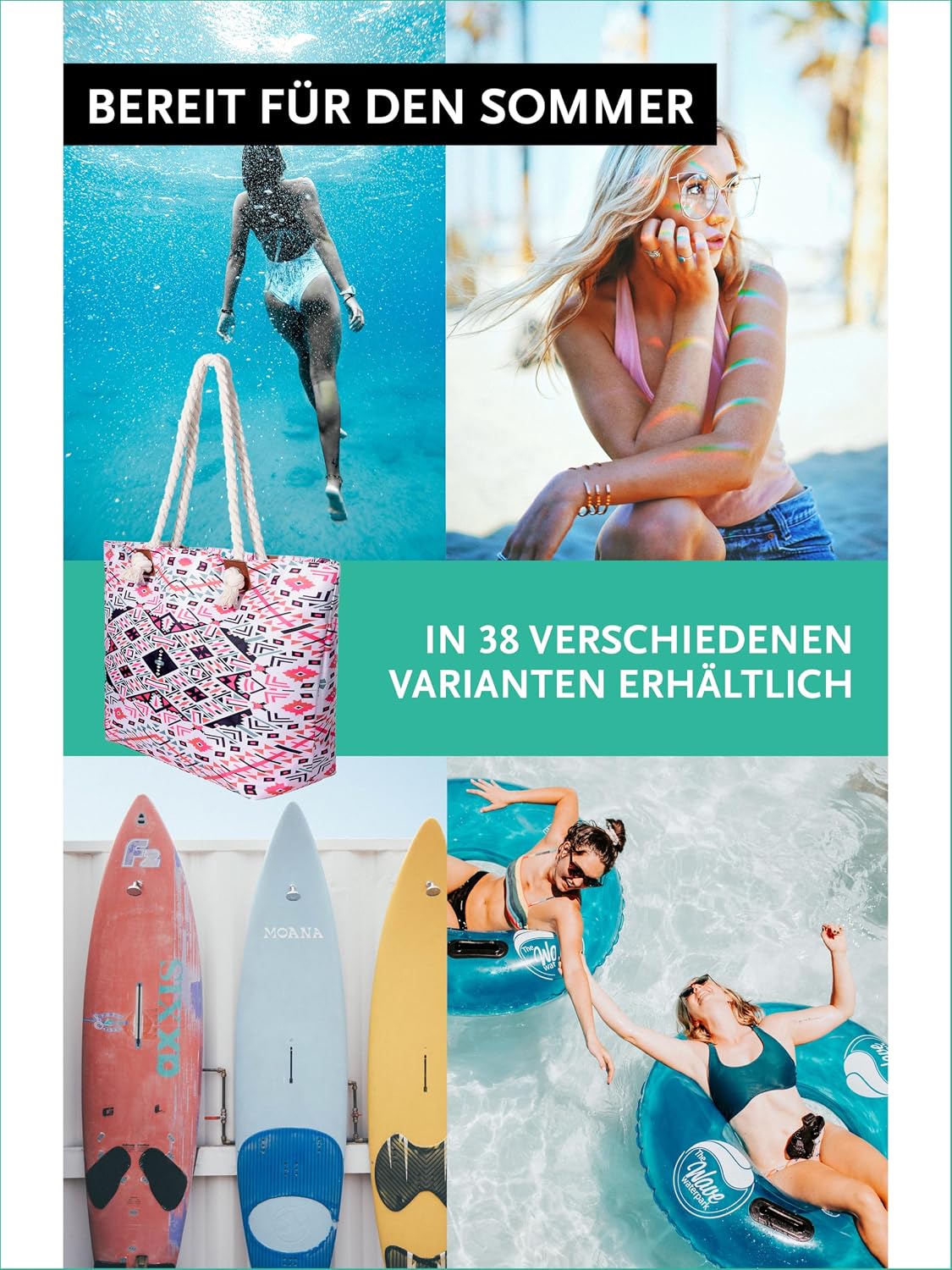 Detalle de DonDon Strandtasche XXL mit Reißverschluss – große Beach bag & Shopper Tasche Damen inkl. Mini-Tasche