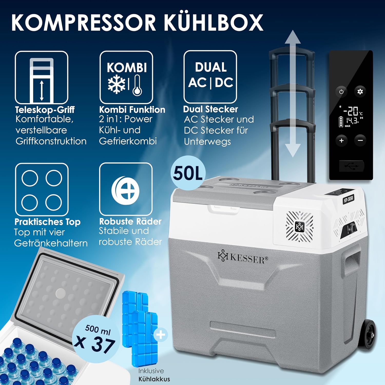 Detalle 2 de KESSER Kompressor Kühlbox 50 L mit APP-Steuerung – mobile Kühl- und Gefrierlösung für Auto, Lkw und Boot