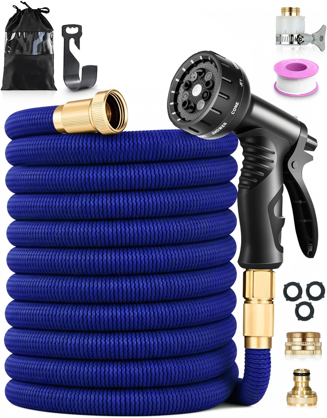 Detalle de Expandable Garden Hose Pipe 100FT/30M with 10-Function Nozzle, 4-Layer Latex, 3/4" & 1/2" Fittings, 3750D Fabric