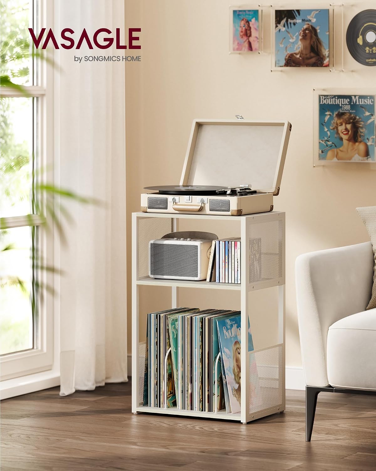 Thumbnail 1 de VASAGLE Record Player Stand 3-Tier Side Table (Rustic White)