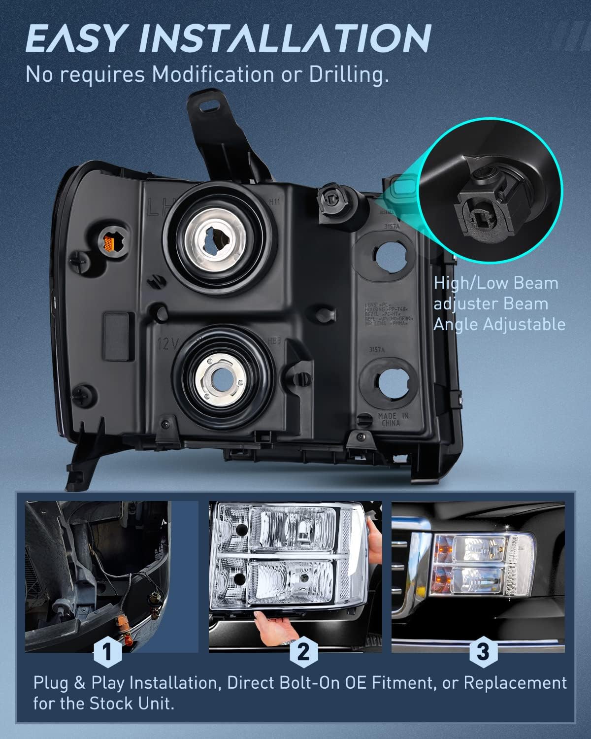 Thumbnail 2 de Nilight Headlight Assembly Replacement for 2007-2014 GMC Sierra (Chrome Housing, Clear Lens)