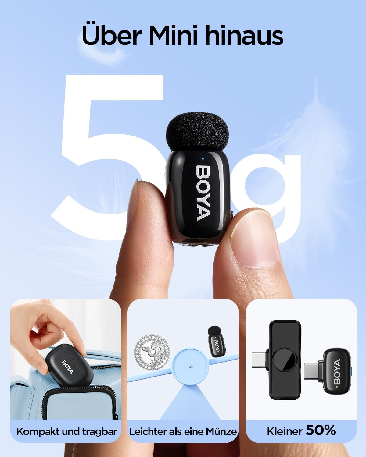 Detalle de BOYA Mini 2 Mikrofon Handy – kabelloses Lavalier für iPhone 15/16/17 & Android USB‑C