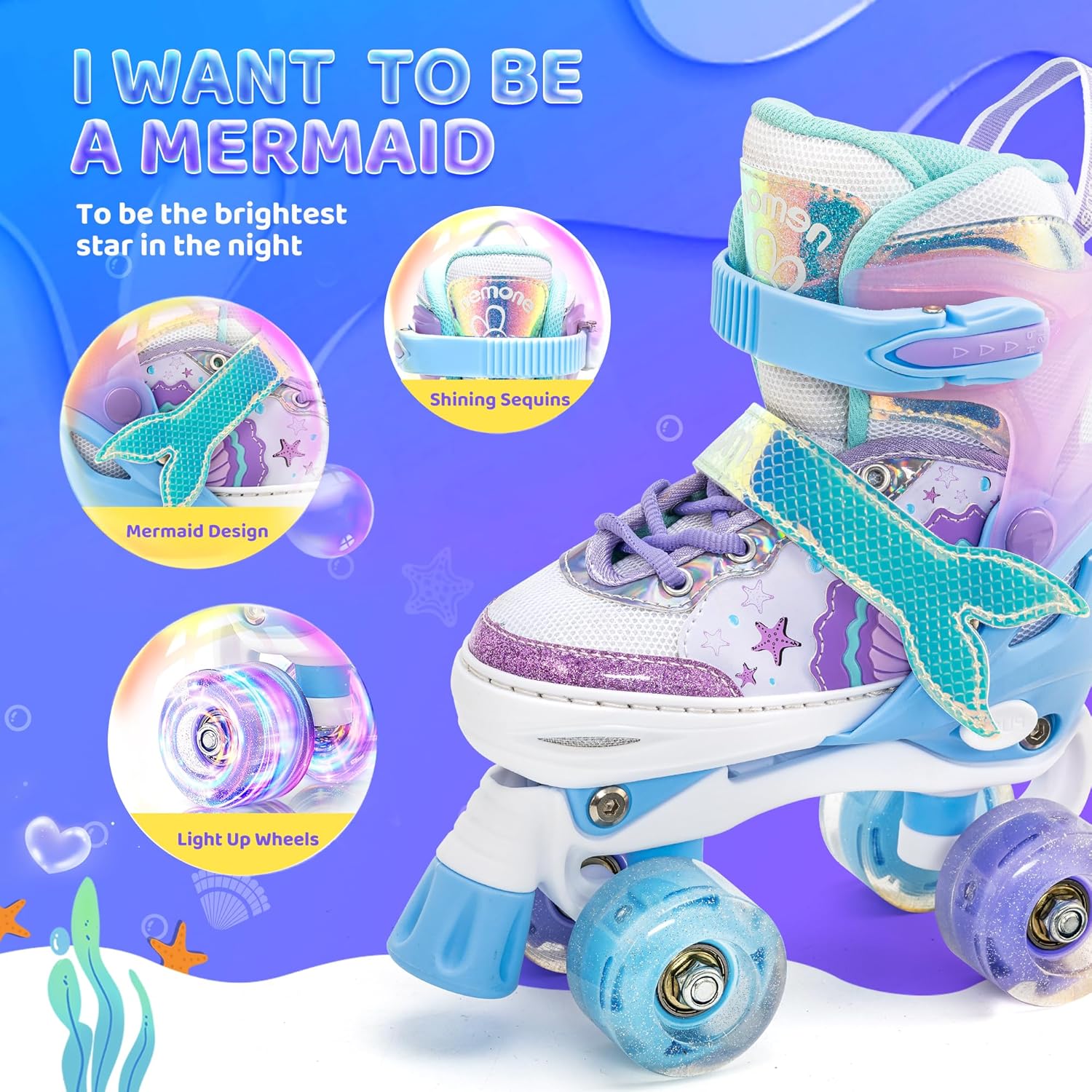 Thumbnail 2 de NEMONE Mermaid 4 Size Adjustable Light Up Roller Skates for Girls