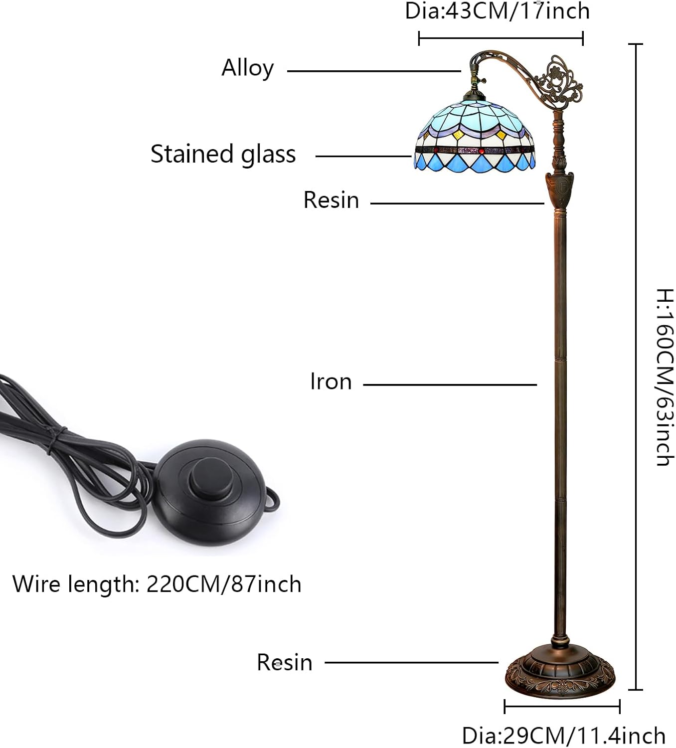 Thumbnail 4 de Tiffany Floor Lamp: Vintage Blue Stained Glass Lamp 12x12x63 in