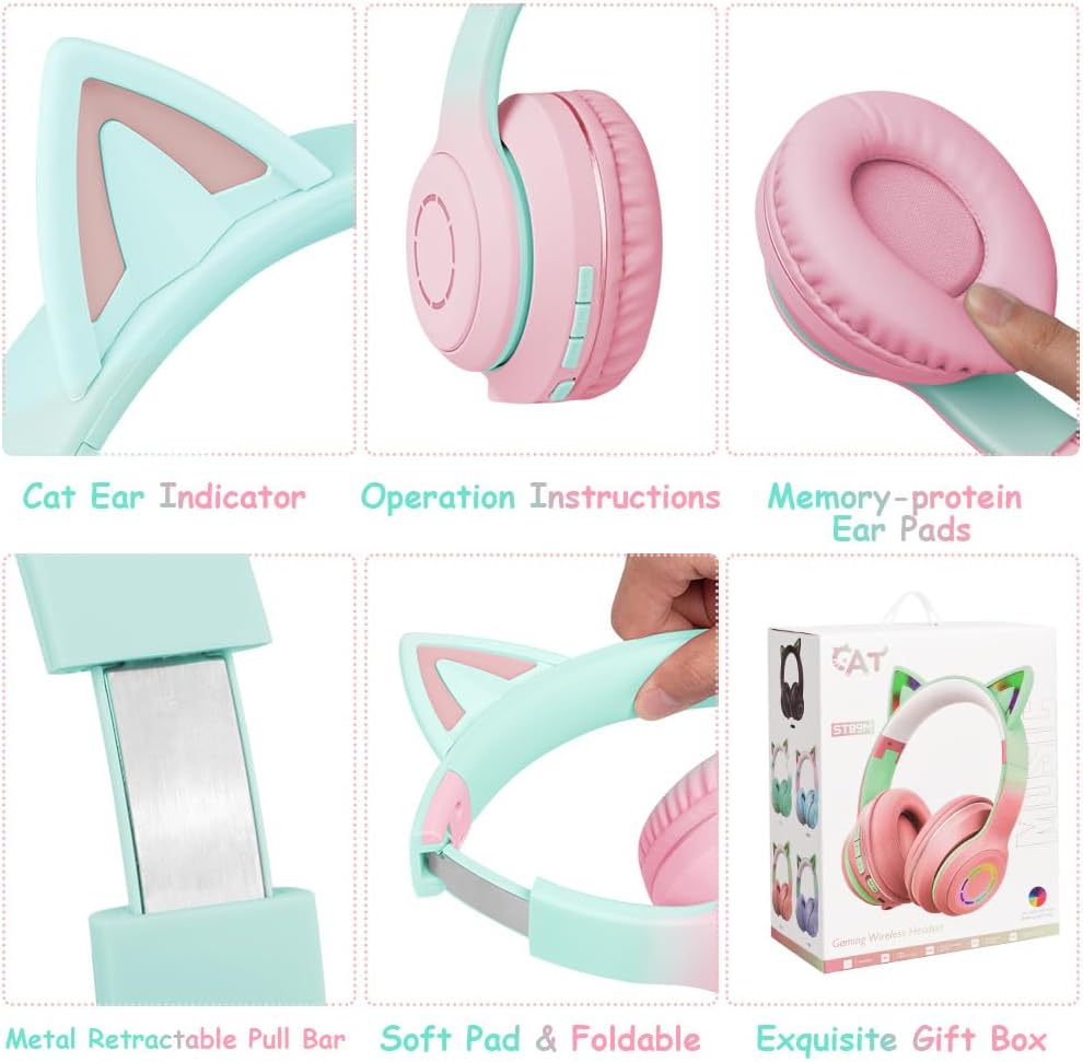 Thumbnail 6 de AXFEE Bluetooth-Kinder-Kopfhörer mit Katzenohren – kabelgebunden oder Bluetooth, 105 dB Schutz, LED-Beleuchtung, faltbar