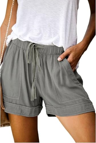 Detalle de Comefohome Women's Shorts: Summer Drawstring Cotton High Waist with Pockets in HS Grey (L)