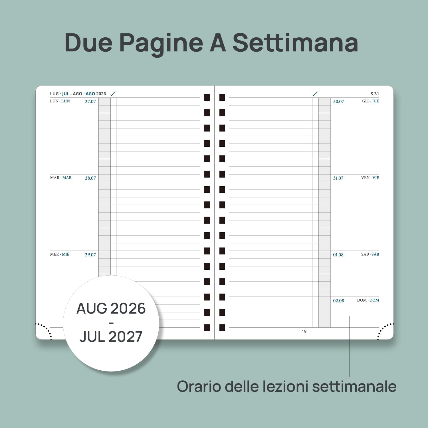 Detalle de PRORUN Agenda del Docente 2026-2027 A5 Spirale: Organizzazione settimanale con copertina rigida PU