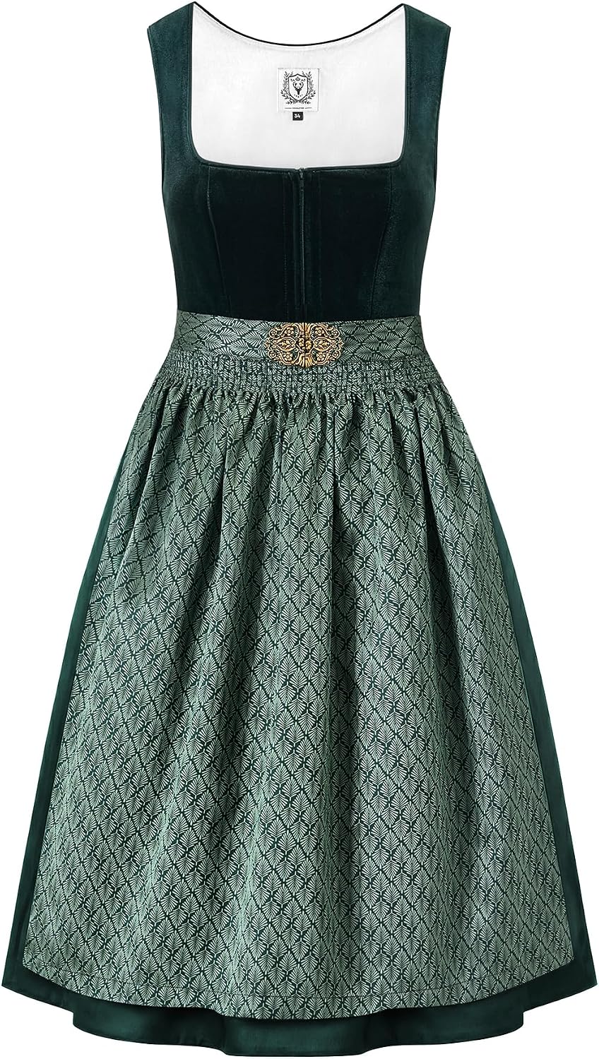Detalle de DIRNDLSTERN Dirndl Damen Trachtenkleid Grün – Samt-Mieder, Midi-Rock 60 cm mit Schürze (Ohne Bluse) von DIRNDLSTERN