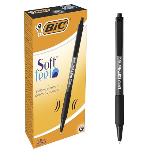 BIC Soft FeelClic Grip: penna a sfera da 1,0 mm, confezione da 12, colore nero