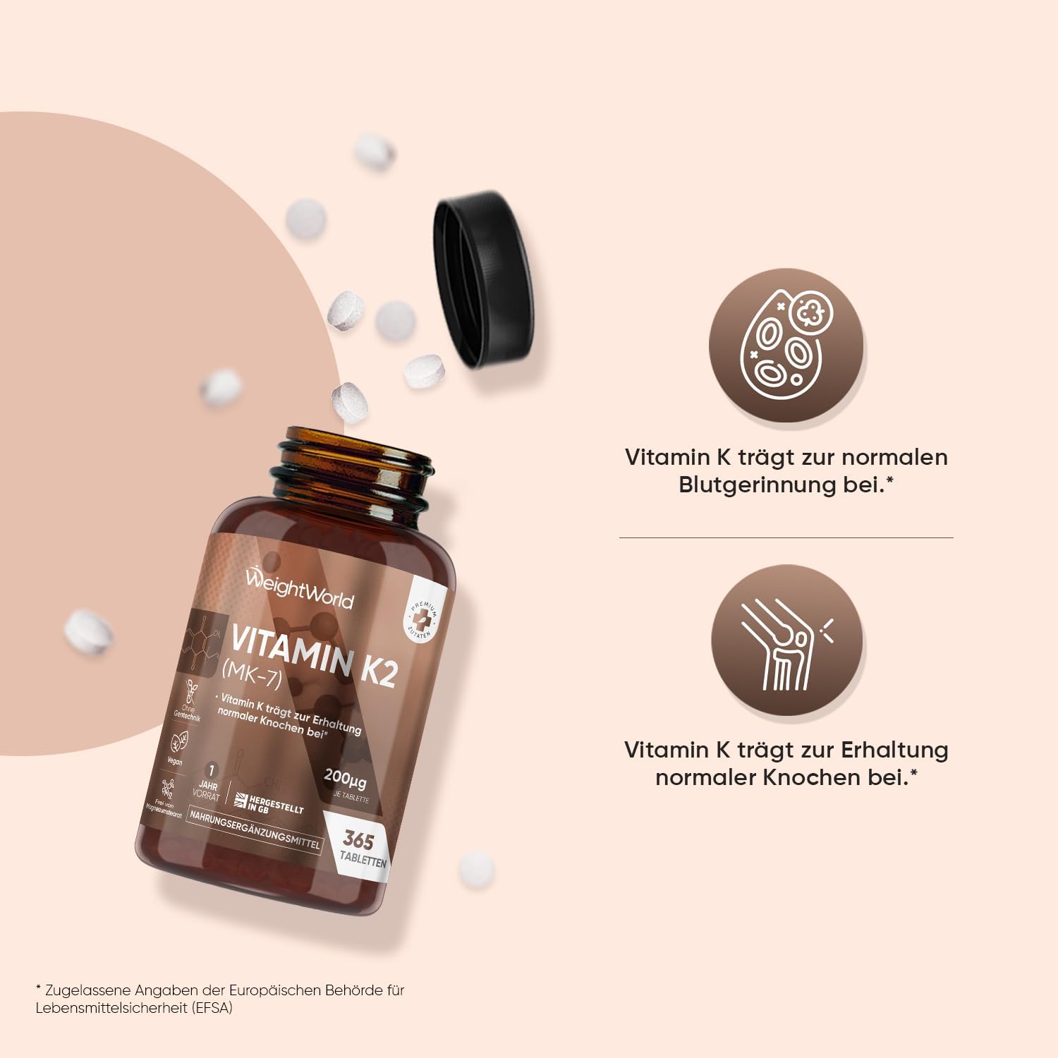 Thumbnail 5 de Vitamin K2 MK7 (Menachinon) von WeightWorld – 365 vegane Tabletten mit 200 µg pro Tagesdosis