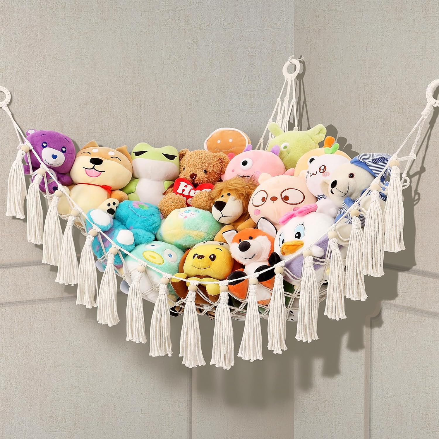 Detalle de KIDDI MIDY Stuffed Animal Hammock, Beige Cotton Macramé Toy Storage