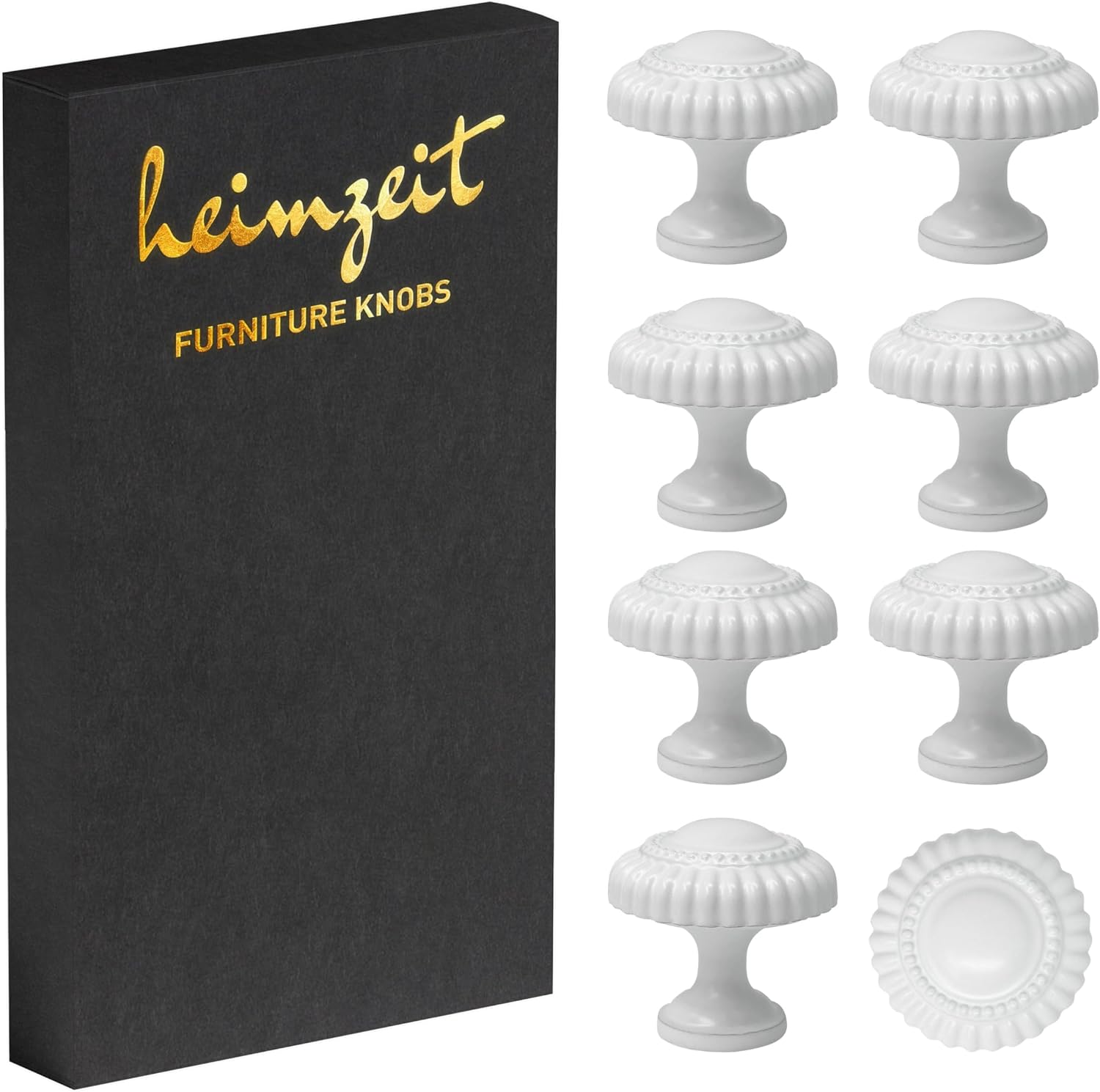 heimzeit Classic möbelknoppar, 8-pack i vit zinklegering, Ø31 mm