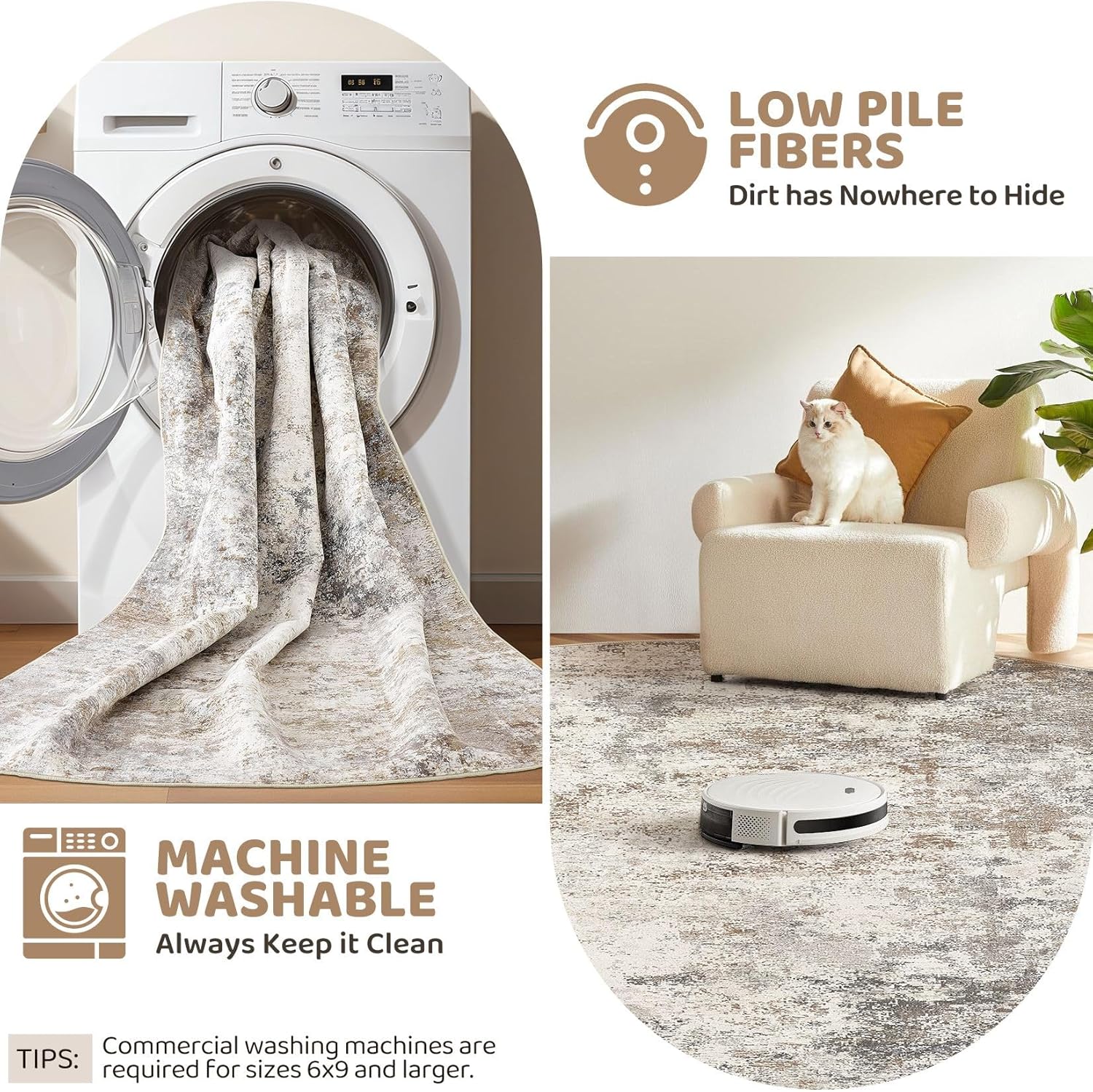 Thumbnail 5 de UERMEI 10x12 Neutral Abstract Washable Area Rug with Non-Slip TPE Backing (Brown/Gray)