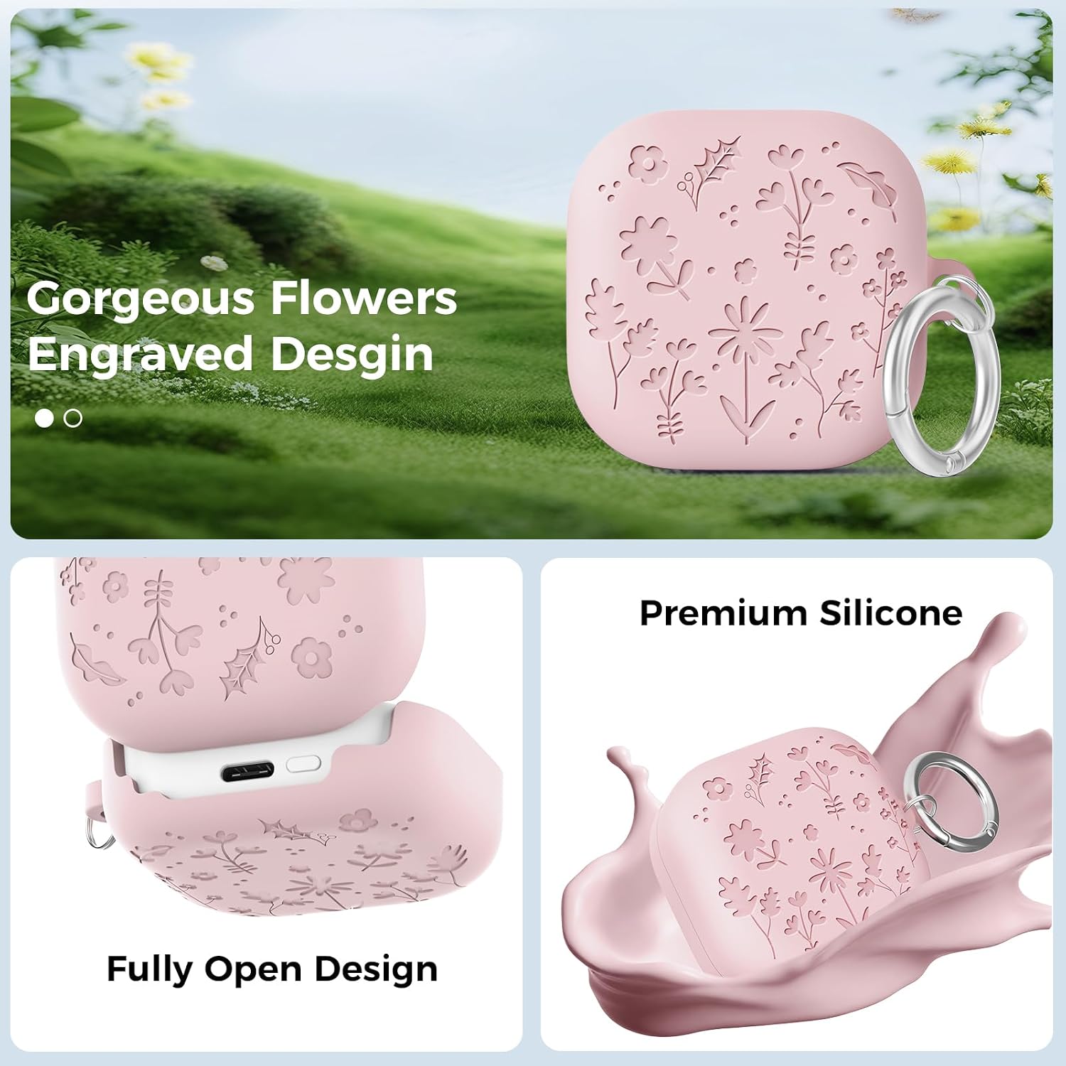 Detalle de AhaStyle Flower Engraved Silicone Case for Samsung Galaxy Buds4 Series (2026) – Cute, Protective Cover with Carabiner