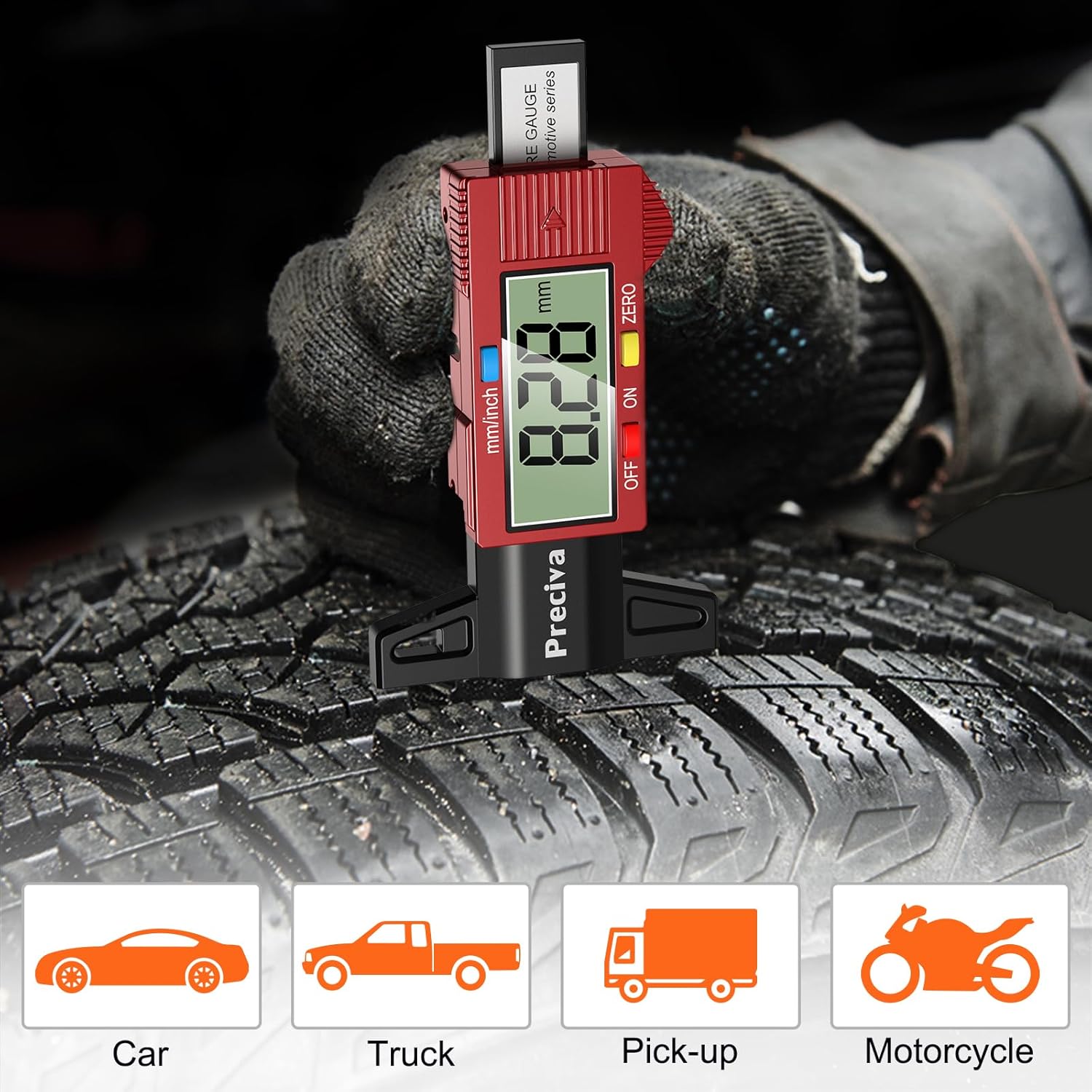 Detalle de Preciva Burgundy Digital Tyre Tread Depth Gauge (0–25.4mm / 1 inch) with Large LCD