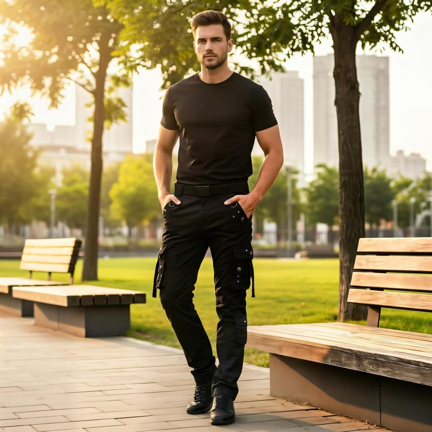 Thumbnail 4 de Aeslech men’s 100% cotton cargo trousers (baggy work/hiking) with pockets – no belt