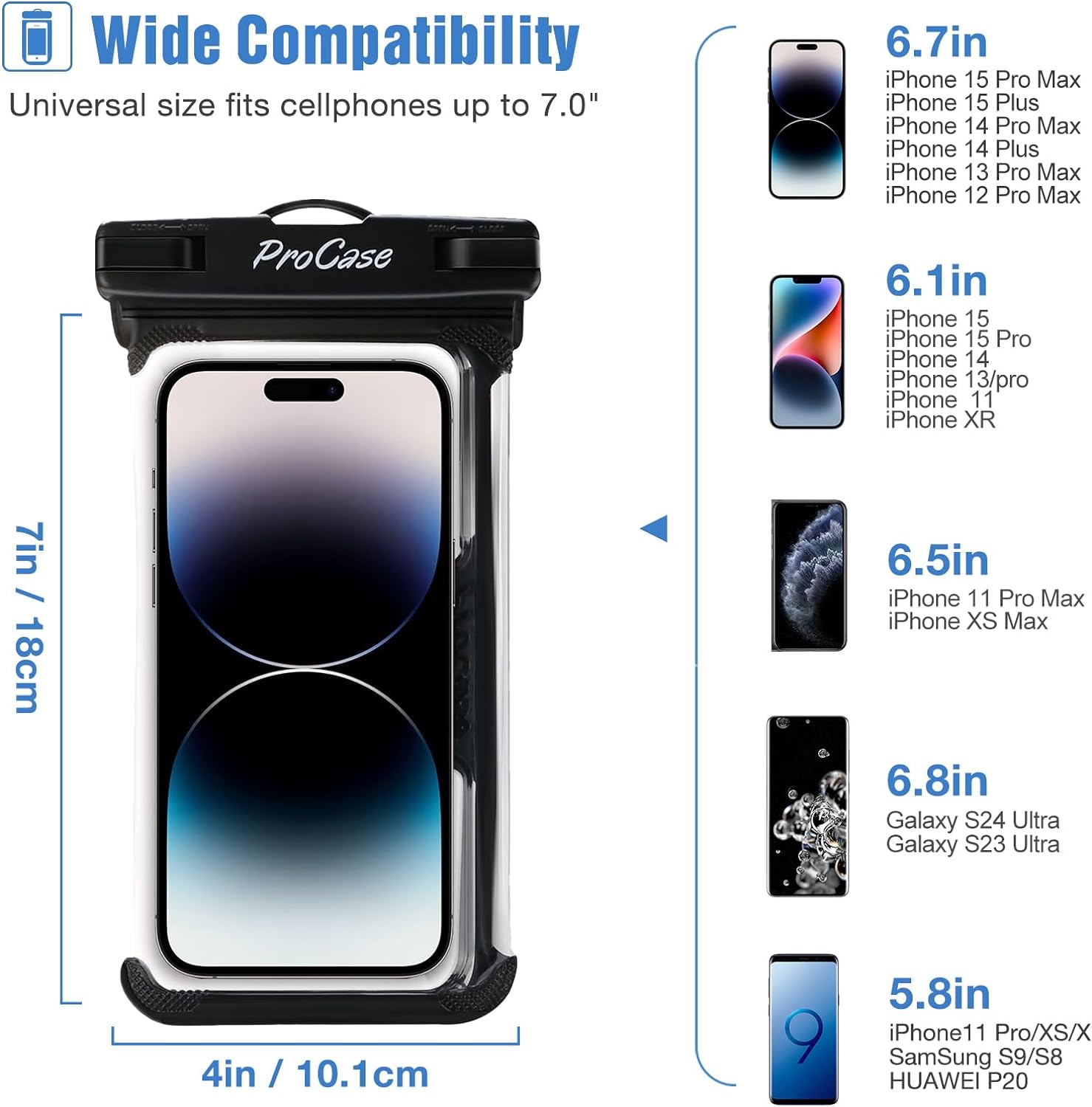Detalle de ProCase 2 Pack Waterproof Phone Pouch with Neck Strap – Underwater Case for iPhone 15/14/Pro Max and Galaxy S23/S24 Series (Up to 7.0 inches) – Black