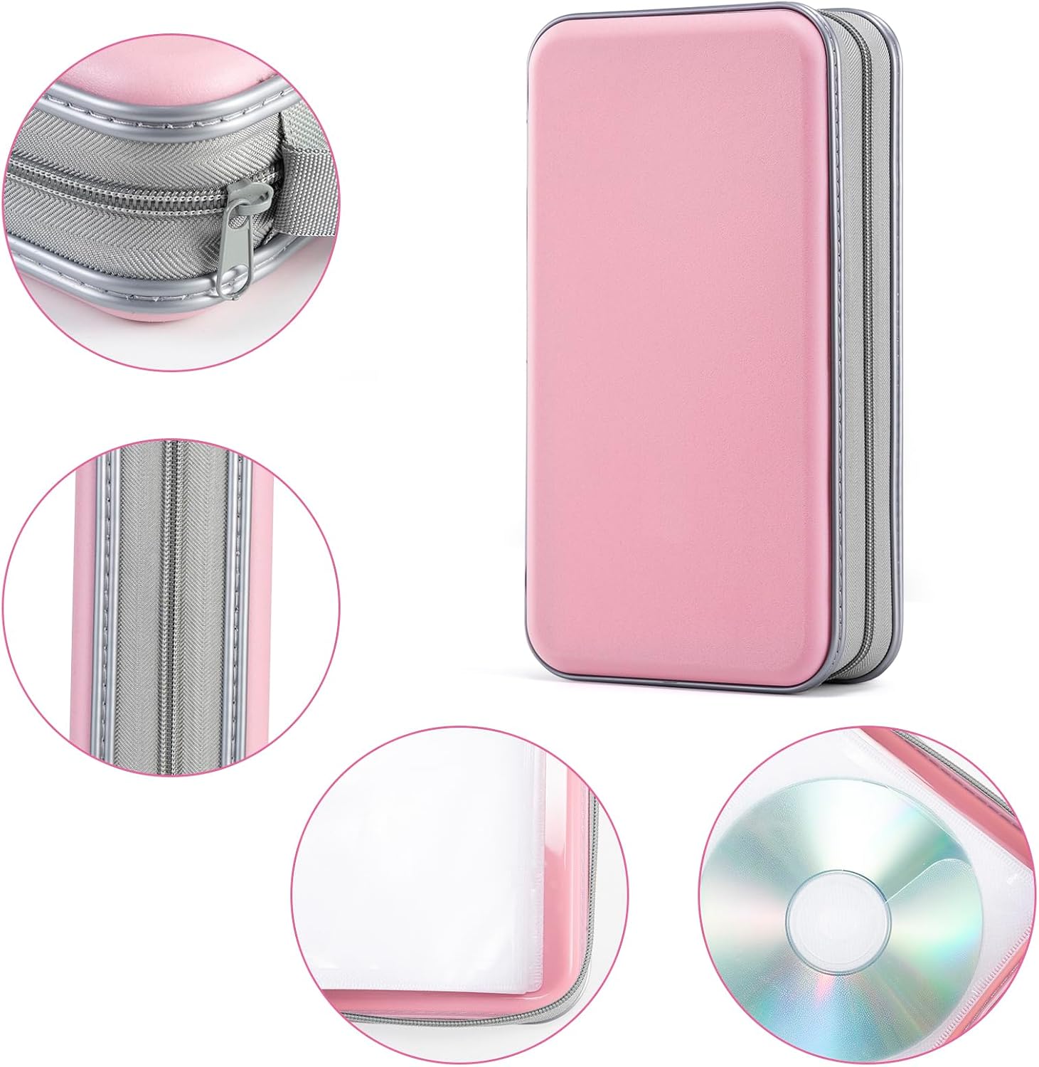 Detalle de LIOVODE 96-Kapazität DVD-/CD-Hülle aus Hartplastik, Rosa – Schutzbox mit Reißverschluss