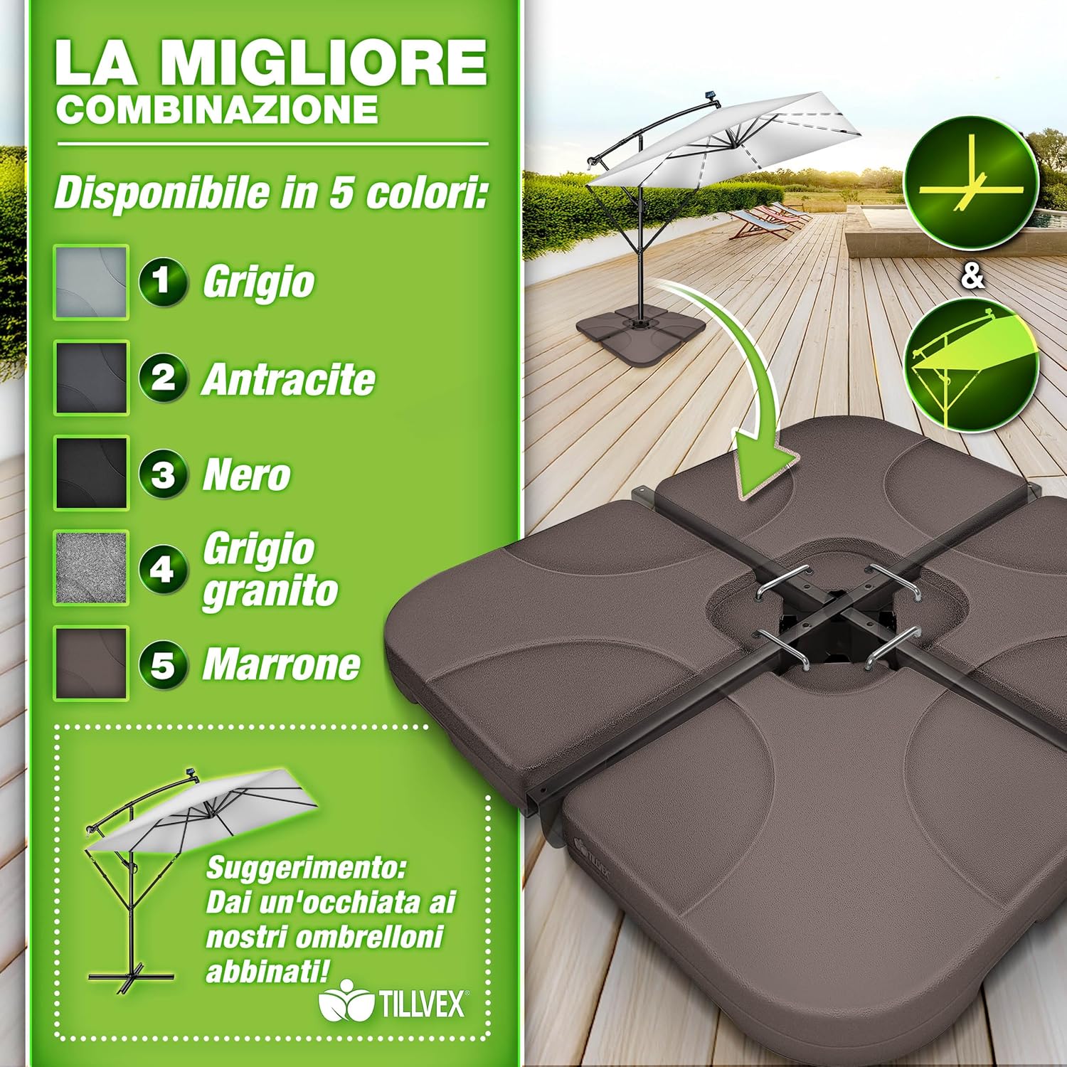 Thumbnail 5 de tillvex Base per Ombrellone 90 L / 120 kg — 4 pezzi per Ombrellone Decentrato con Connettore Metallico