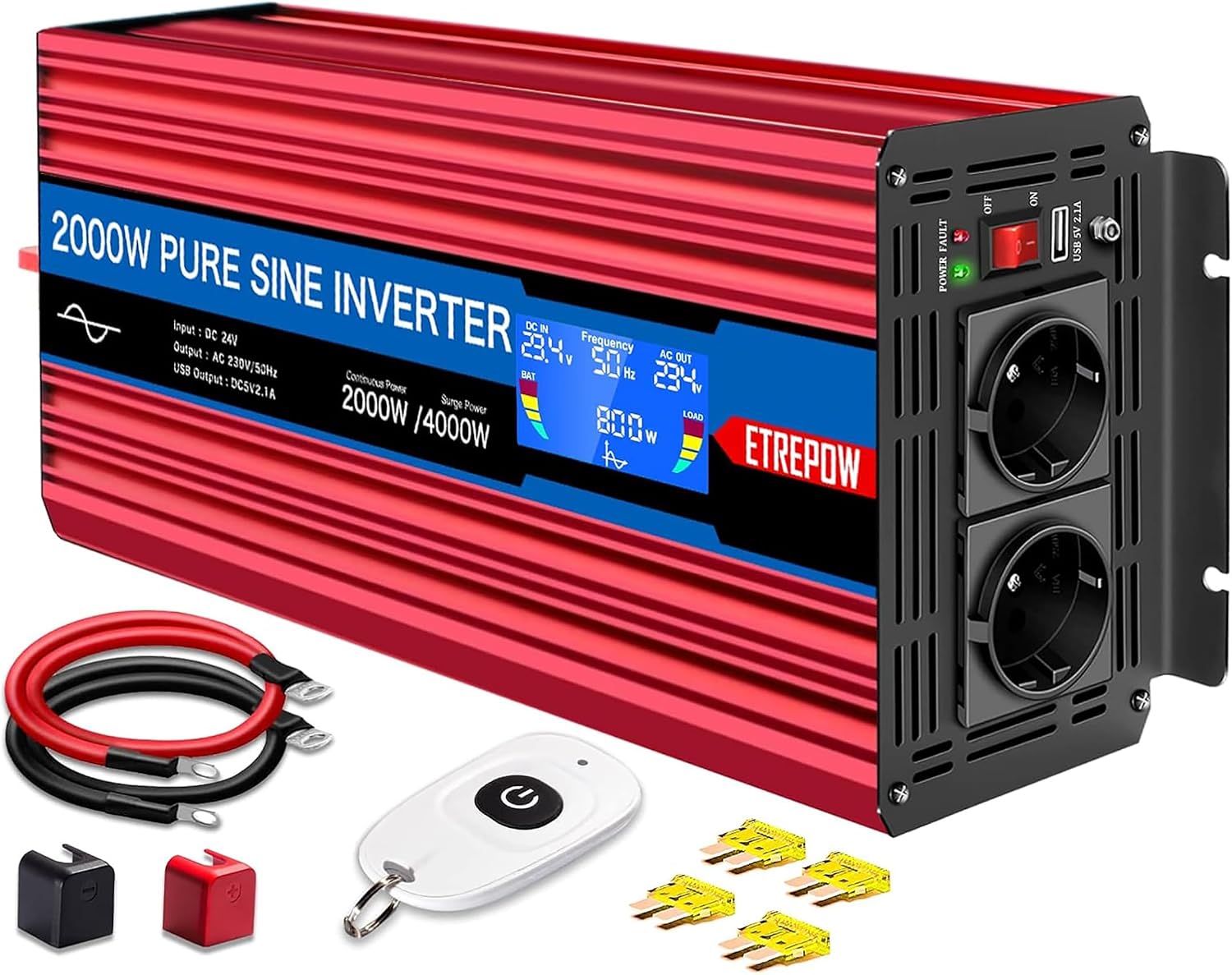 Detalle de ETREPOW 2000W Inverter 24V a Onda Pura 220V con TeleComando Wireless, Display LCD e 2 prese EU + USB