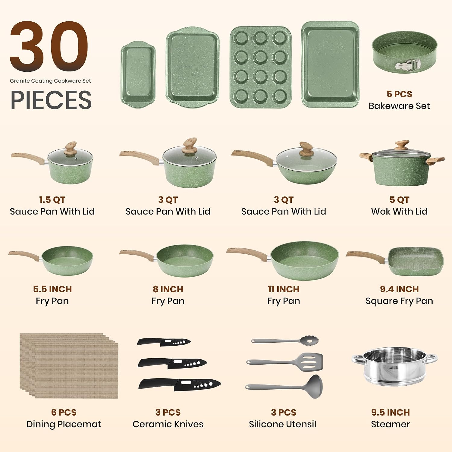 Detalle 2 de Kitchen Academy Pots and Pans Set Non Stick, 30-Piece Granite Coated Induction Cookware & Bakeware