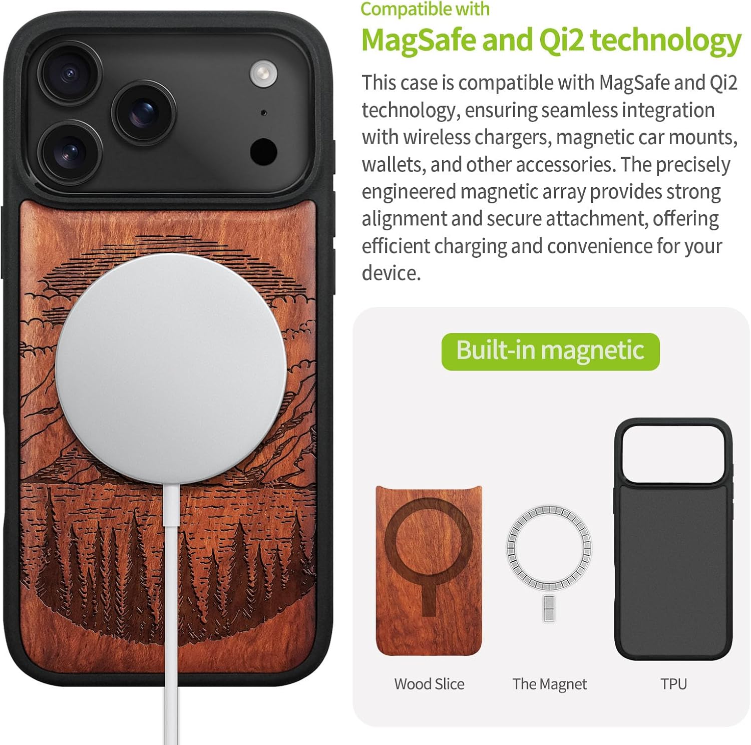 Detalle de Carveit Wood Case for iPhone 17 Pro Max, Alpine Lakes Engraved Design