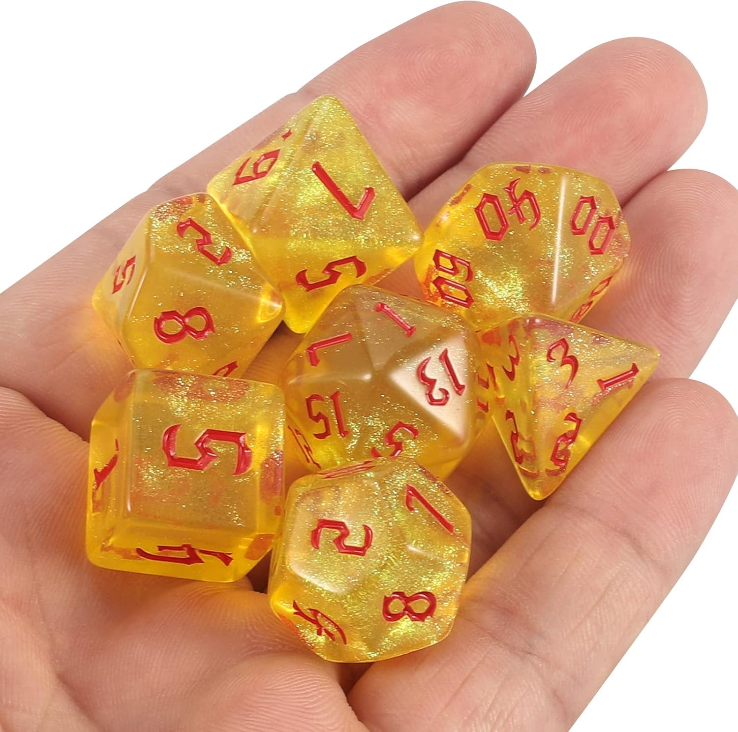 Thumbnail 6 de Set di dadi poliedrici QMAY DND da 7 pezzi (d20, d12, d10, d8, d6, d4) giallo traslucido con glitter