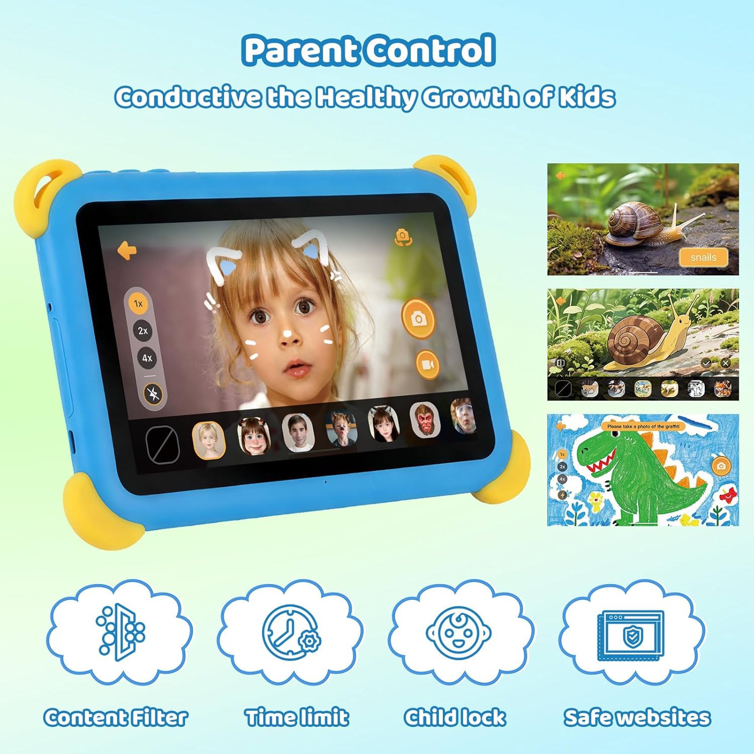 Thumbnail 4 de Kids Tablet 7 inch Android 15 with Parental Control, AI Dual Cam, Widevine L1 and Protective Case (Blue)