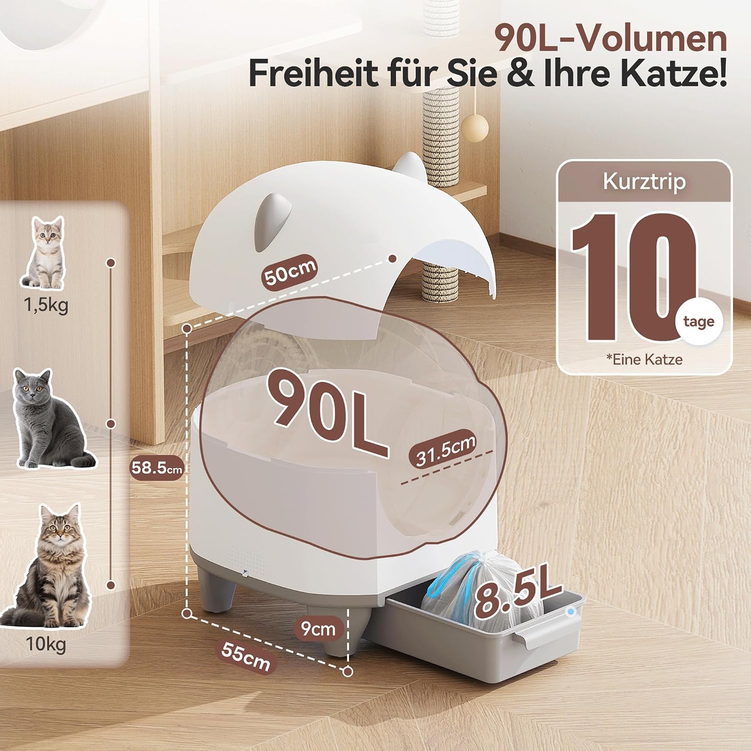 Detalle de Devoko Selbstreinigendes Katzenklo XXL mit Fernsteuerung und Katzenohren – automatische Katzentoilette für mehrere Katzen