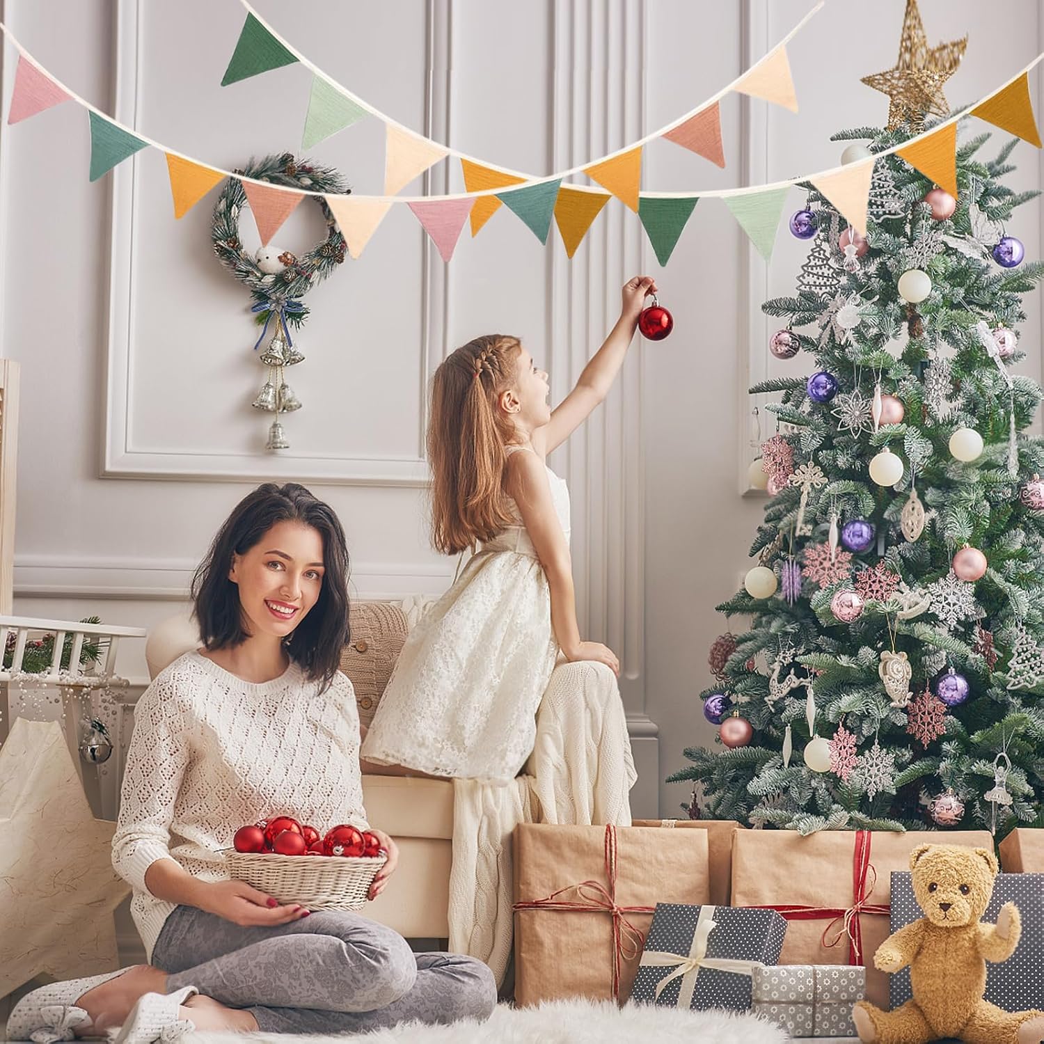 Detalle 2 de HuaMuDM Wimpel-Girlande im 2er-Set (Musselin-Baumwolle) für Kinderzimmer & Geburtstag