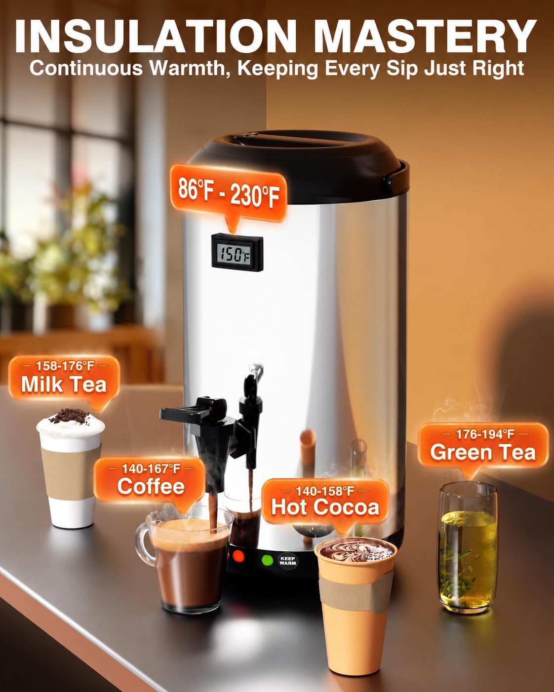 Detalle de Hidoll WZRJ12LSSUS Heated Stainless Steel Beverage Dispenser with LCD Thermometer