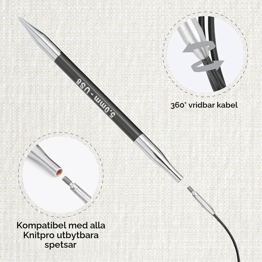 Detalle de KnitPro 360° vridbar utbytbar kabel, 120 cm med stålkärna