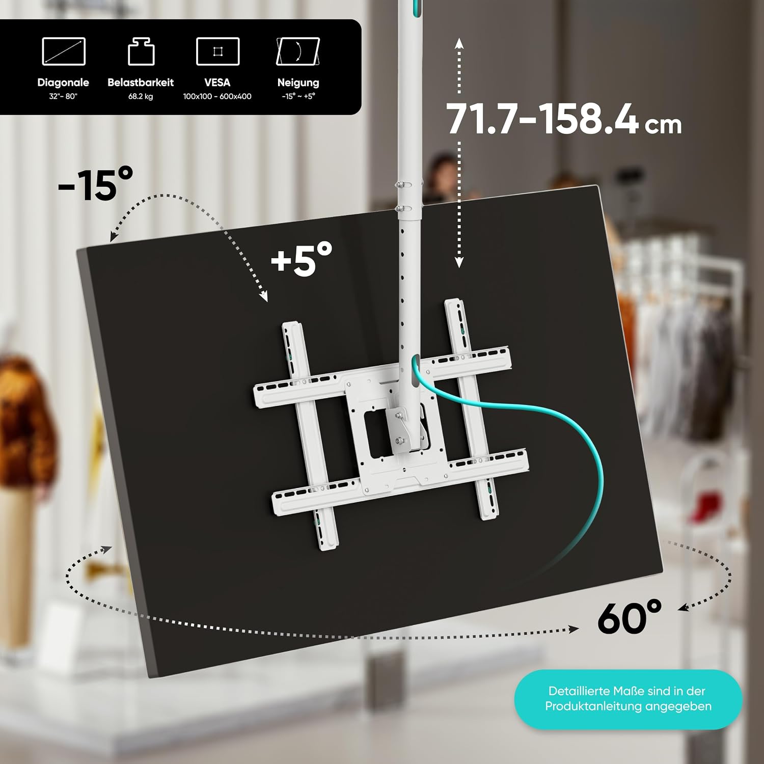 Detalle 2 de ONKRON TV Deckenhalterung N1L-W: 32–80 Zoll, bis 68 kg, schwenkbar/neigbar, VESA 100x100–600x400, höhenverstellbar