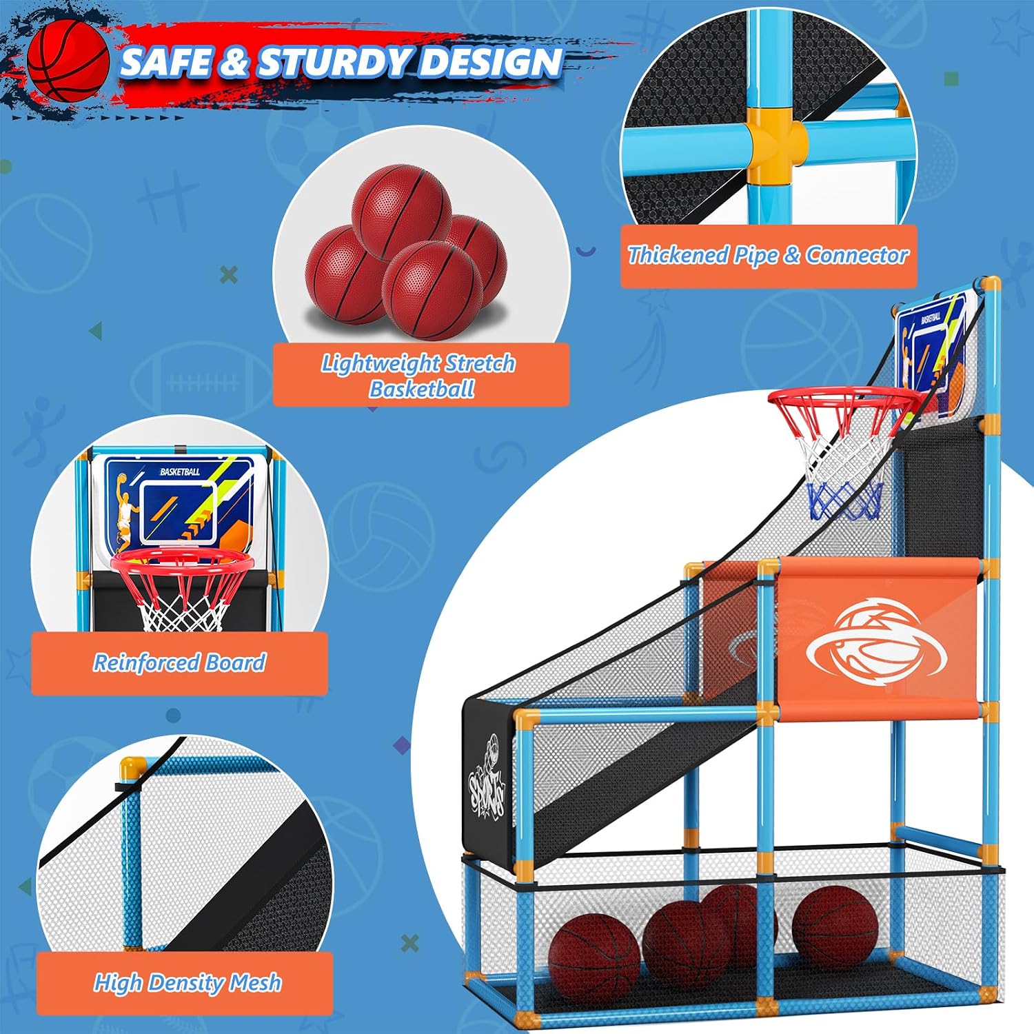 Detalle de Arcade Basketball Game Set for Kids – Adjustable Indoor/Outdoor Hoop with 4 Balls