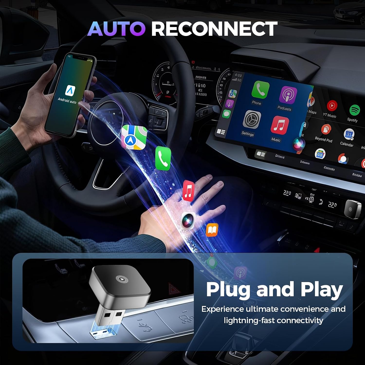 Thumbnail 6 de 2026 Wireless Android Auto & CarPlay Adapter UK 2-in-1 (USB/Type-C) – Dual-Band WiFi & Bluetooth 5.0