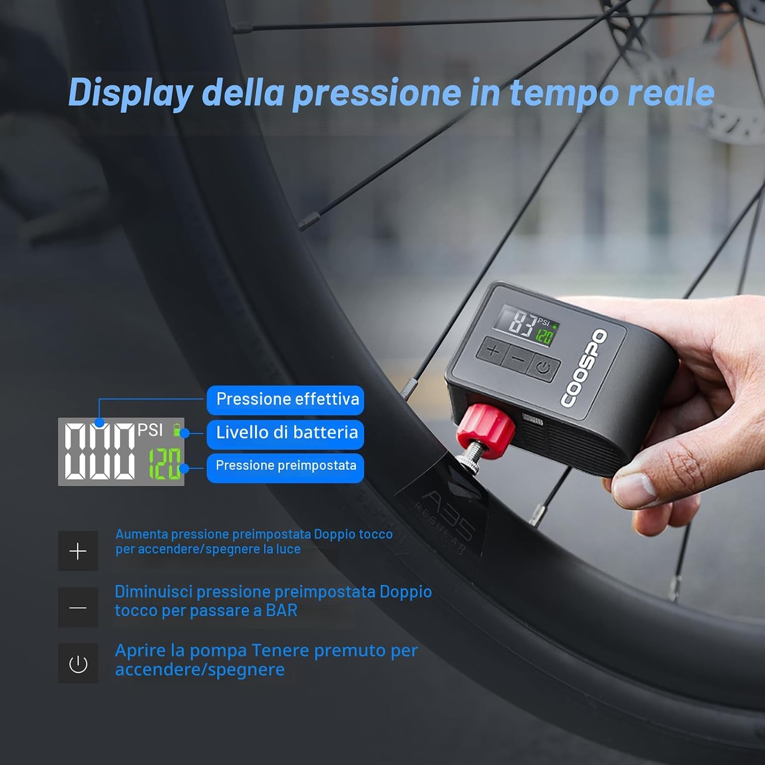 Detalle 2 de CooSpo Mini Pompa Elettrica per Bicicletta — 120 PSI, Portatile con spegnimento automatico e valvole Presta/Schrader