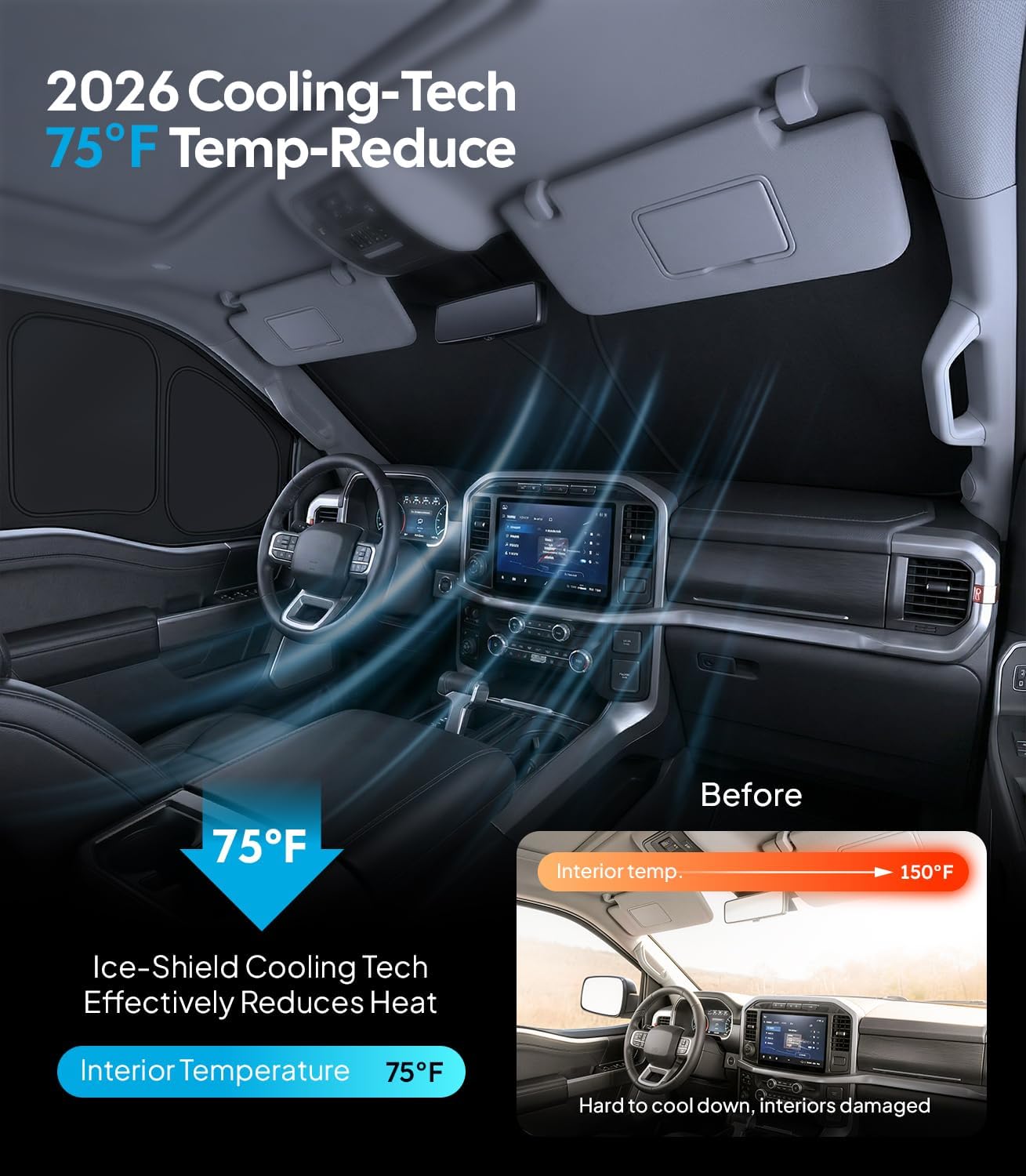 Thumbnail 2 de Wigoo 2026 Upgrade 6PCS Full Set Window Sunshade for Ford F150 4-Door (2021-2026) – Ice-Crystal Tech, 7-Layer Cooler, 1-Min Install