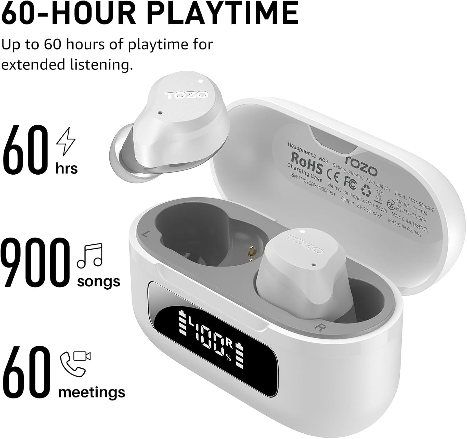 Detalle de TOZO NC9 Hybrid ANC Earbuds with 60H Playtime, 6-Mic ENC & Custom EQ App