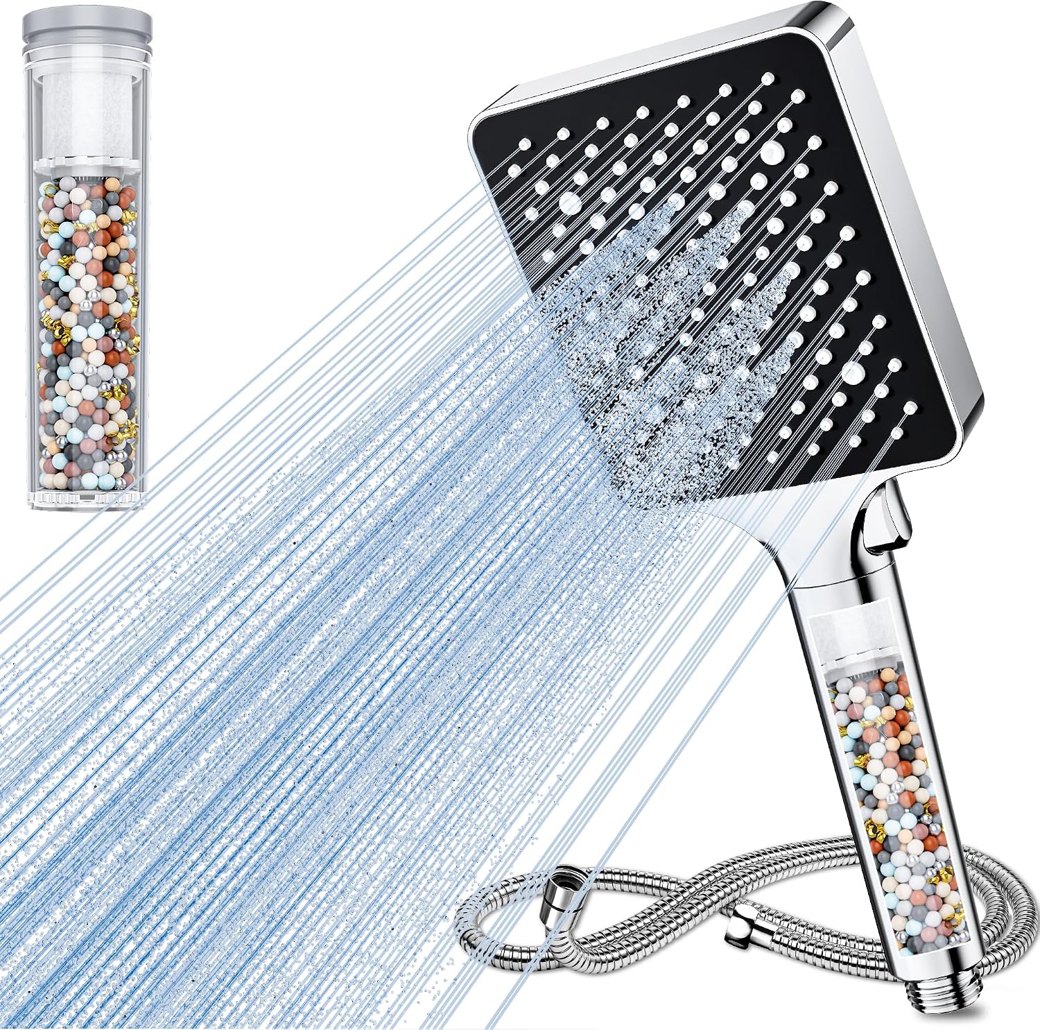 Detalle de Magichome Duschkopf mit Filter 25-Stufen, 6 Modi – Hochdruck-Dusche mit Schlauch, filtert Hartes Wasser
