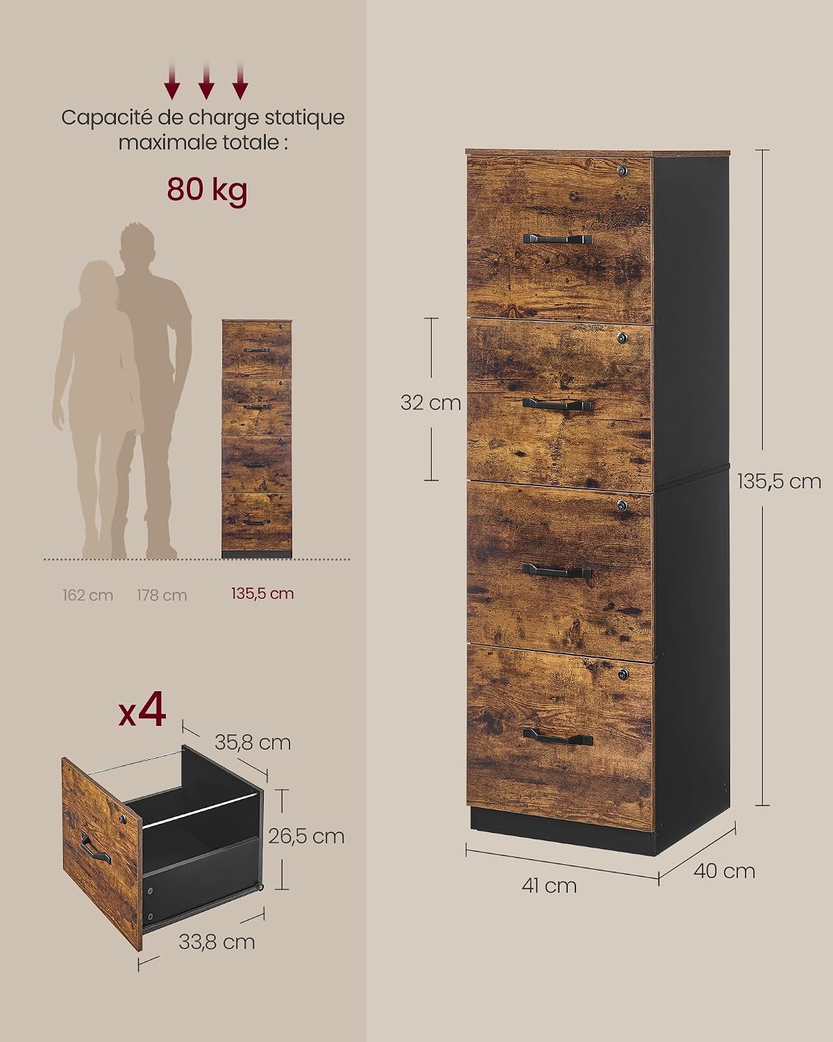 Detalle de VASAGLE Meuble de Bureau OFC082K02 — 4 tiroirs verrouillables