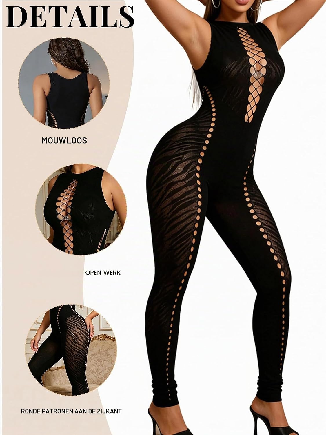 Detalle 2 de Eagerlove mesh jumpsuit voor dames met zebraprint, transparante delen en mouwloos model