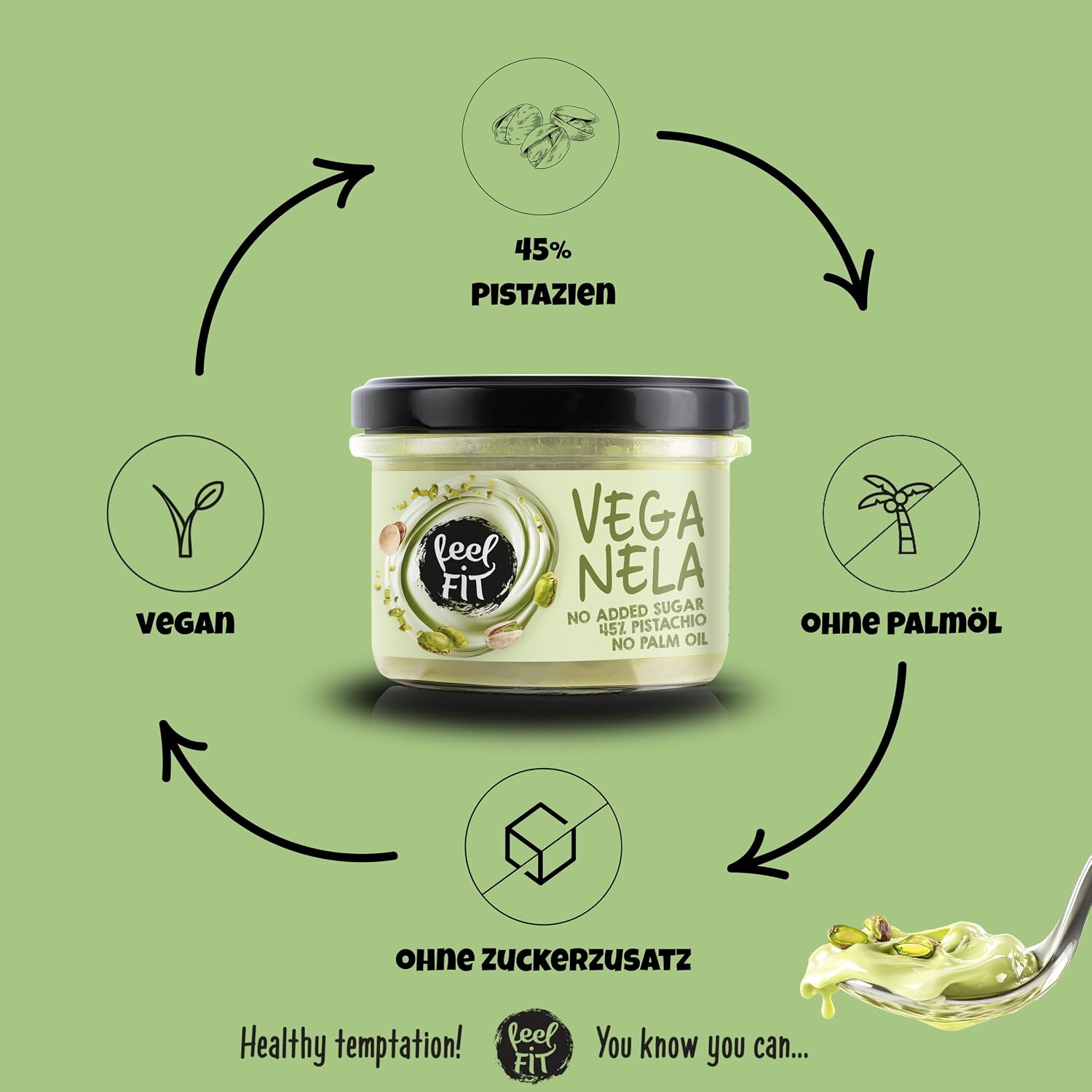 Detalle de Feel FIT VEGANELA Pistaziencreme mit 45% Pistazien – veganer Brotaufstrich ohne Zucker, 200 g