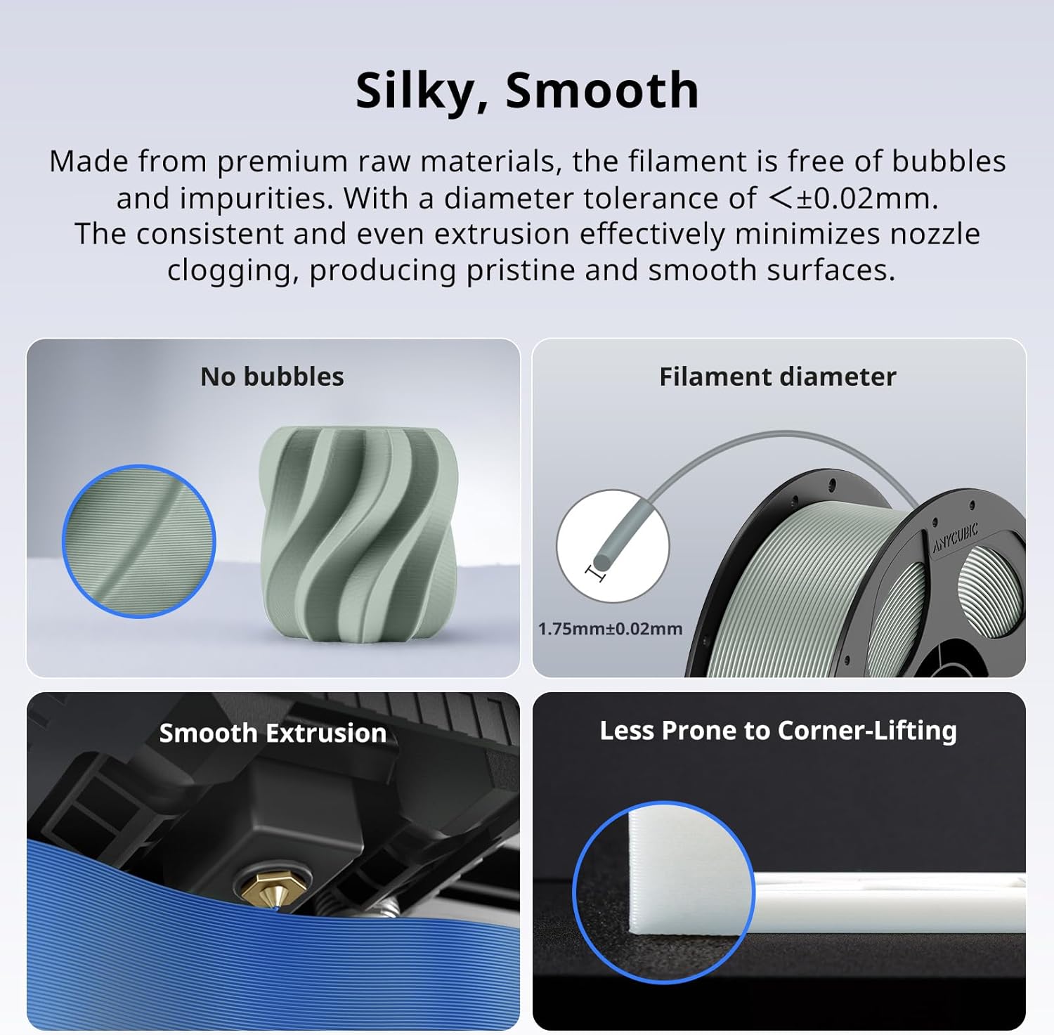 Thumbnail 3 de ANYCUBIC PLA+ 1.75mm Filament for 3D Printing — High Toughness, Precise 0.02mm Diameter Tolerance, 1kg Reusable Grey Spool