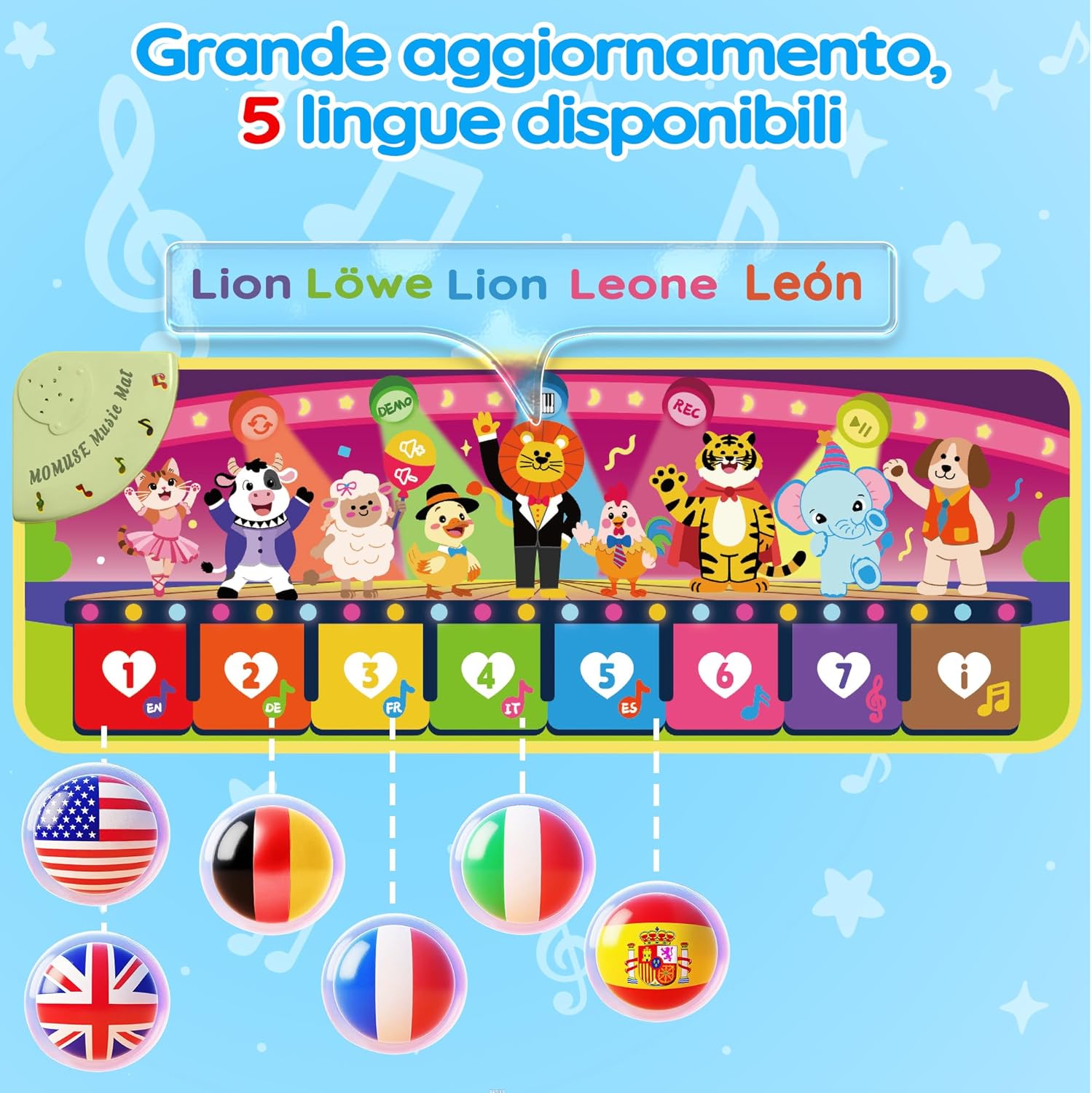 Thumbnail 1 de MOMUSE Tappeto Musicale Multilingue 5 Lingue con 9 Animali (IT/DE/FR/EN/ES) portatile, regalo bambini 1-4 anni