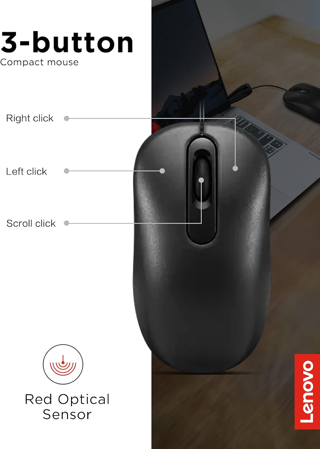 Detalle 1 de Lenovo wired USB mouse, full-size