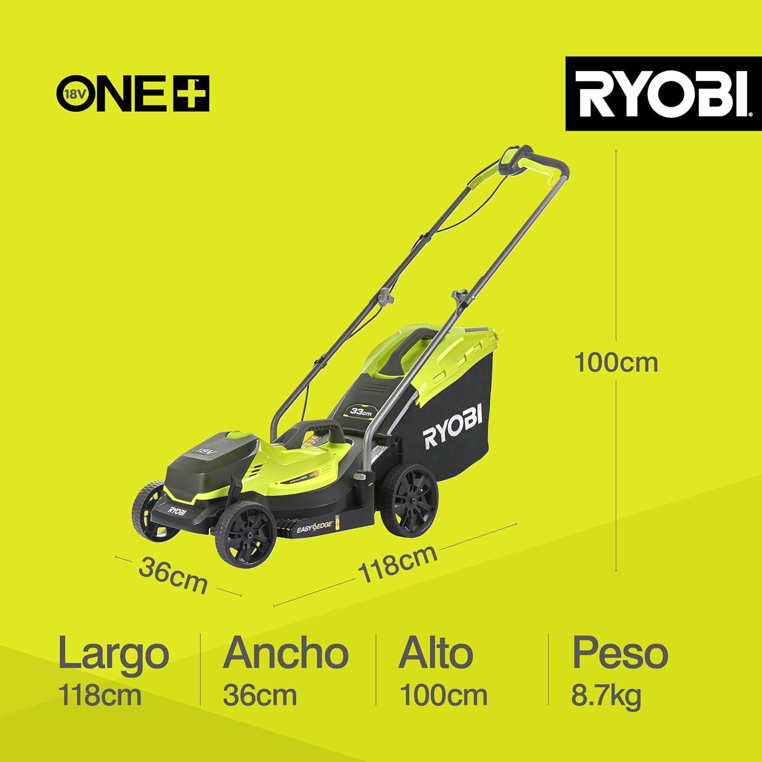 Detalle de Ryobi OLM1833B 18V ONE+ Cordless 33cm Lawnmower (Battery & Charger Excluded)