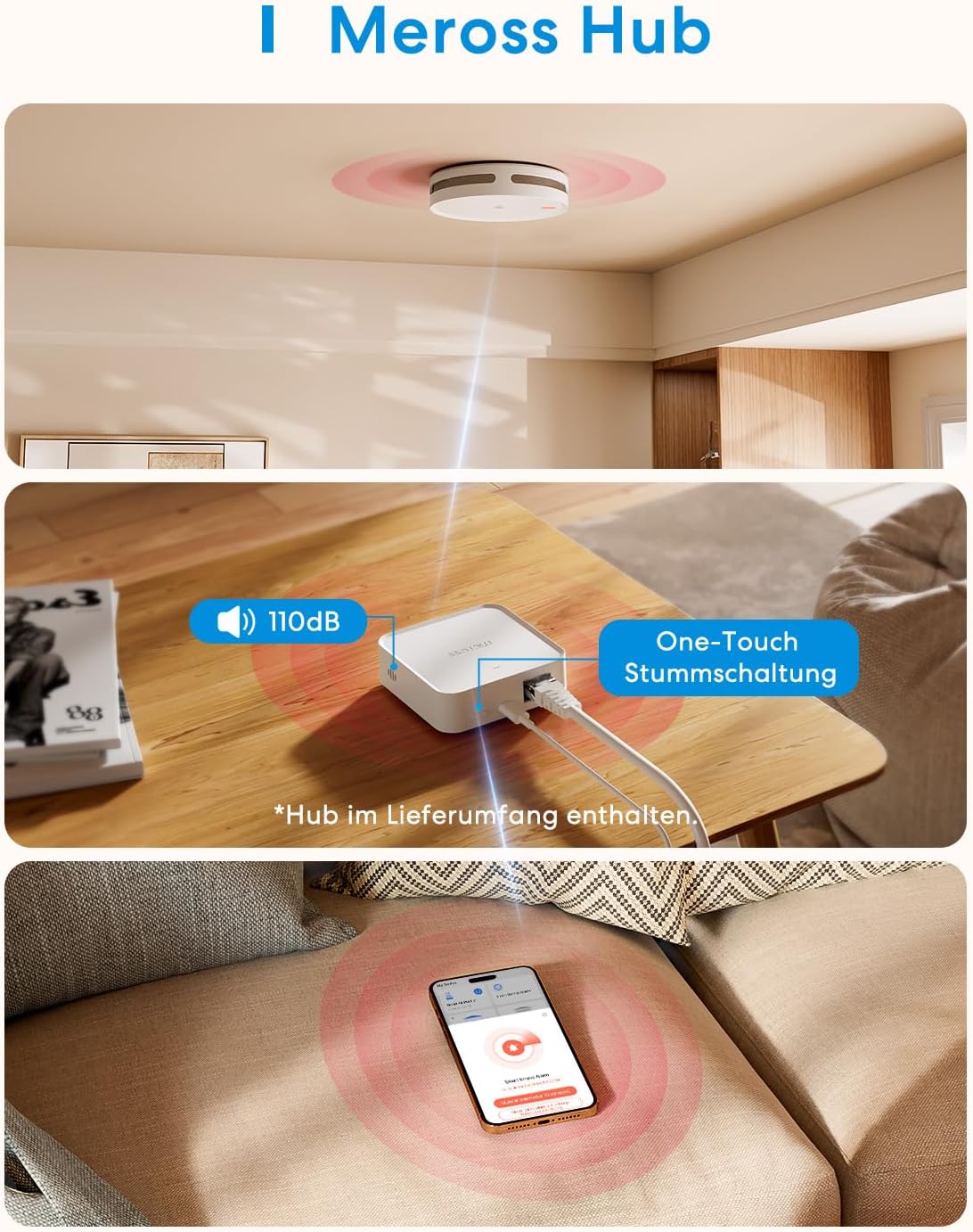 Thumbnail 6 de Meross Matter Rauchmelder vernetzt – 6er-Set mit Dual-Lichtsensor und App-Warnmeldungen (MSH450 Hub enthalten)